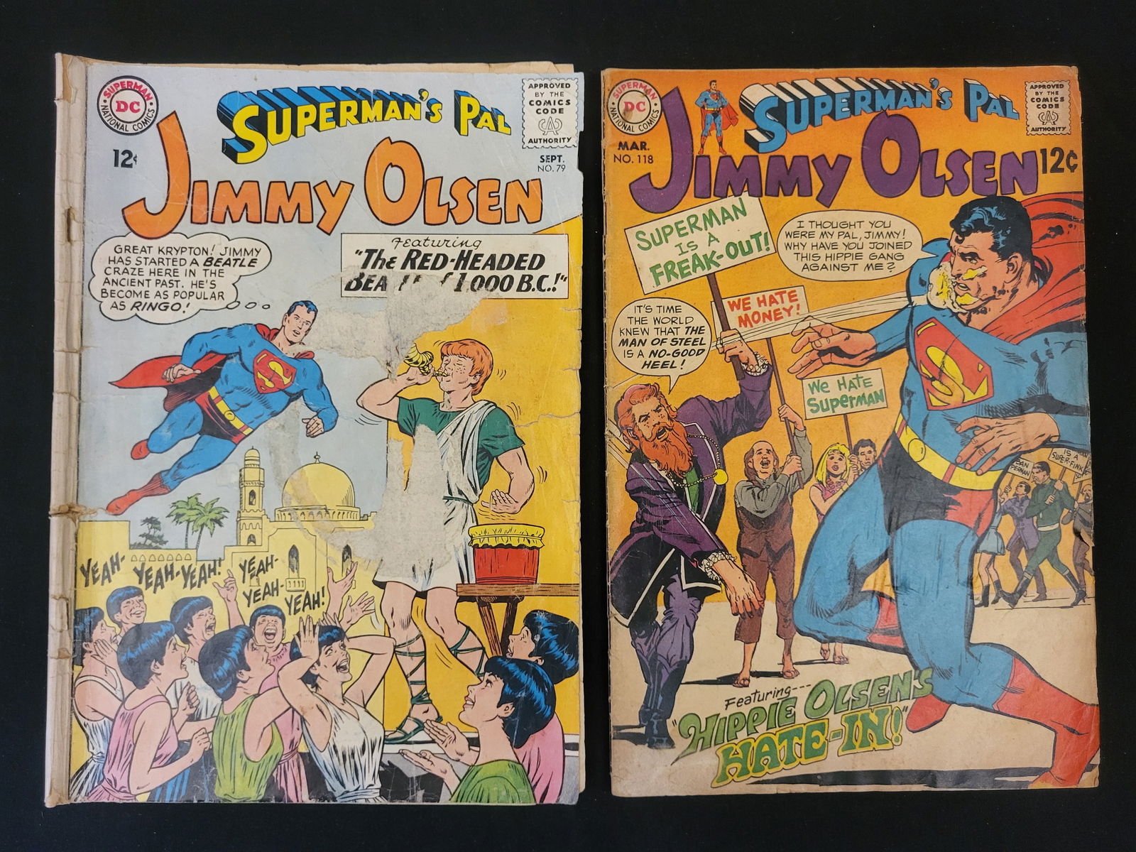 Two Superman's Pal Jimmy Olsen DC Comic Books, No. 79 and No. 118: BID PER WHAT YOU SEE IN THE PHOTO, NOT THE AI GENERATED TITLES AND DESCRIPTIONS! Two vintage Silver Age comic books from the DC Comics series Superman's Pal Jimmy Olsen. The lot includes Issue No. 79,