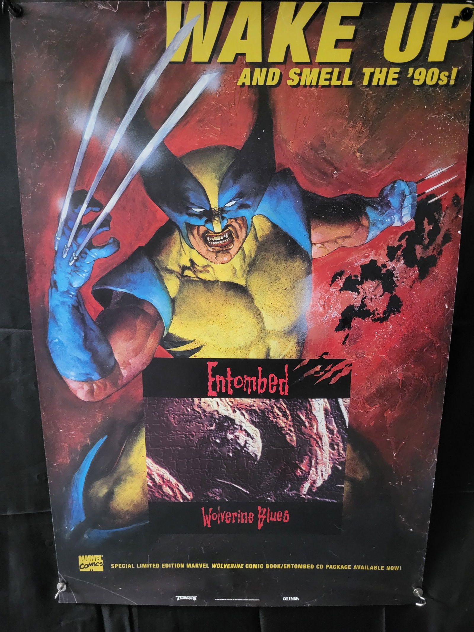 Entombed Wolverine Blues Marvel Comics Promotional Poster: BID PER WHAT YOU SEE IN THE PHOTO, NOT THE AI GENERATED TITLES AND DESCRIPTIONS! This promotional paper poster was produced for the 1993 collaboration between the Swedish death metal band Entombed and