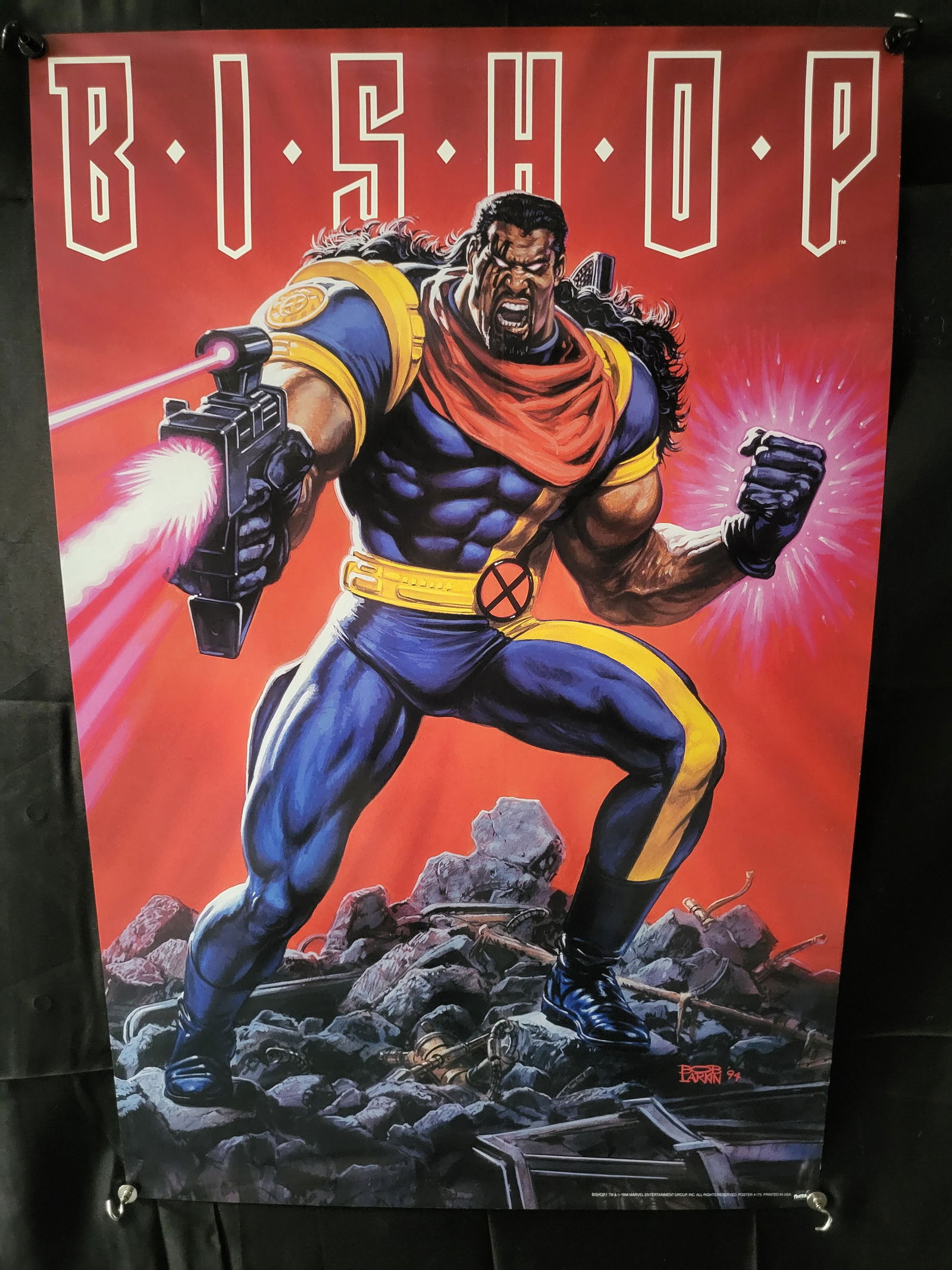 1994 Marvel Entertainment Group Uncanny X-Men Bishop Poster #165 by Bob Larkin: BID PER WHAT YOU SEE IN THE PHOTO, NOT THE AI GENERATED TITLES AND DESCRIPTIONS! A 1994 Marvel Entertainment Group promotional poster featuring the X-Men character Bishop with artwork by Bob Larkin. T