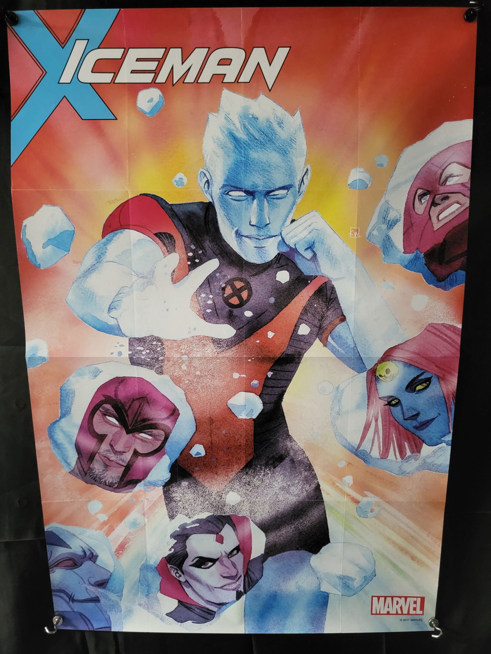 Marvel Comics Iceman #1 Promotional Poster, Art by Kevin Wada, 2017: BID PER WHAT YOU SEE IN THE PHOTO, NOT THE AI GENERATED TITLES AND DESCRIPTIONS! A modern promotional paper poster for the Marvel Comics series Iceman, dated 2017. The poster features stylized artwork