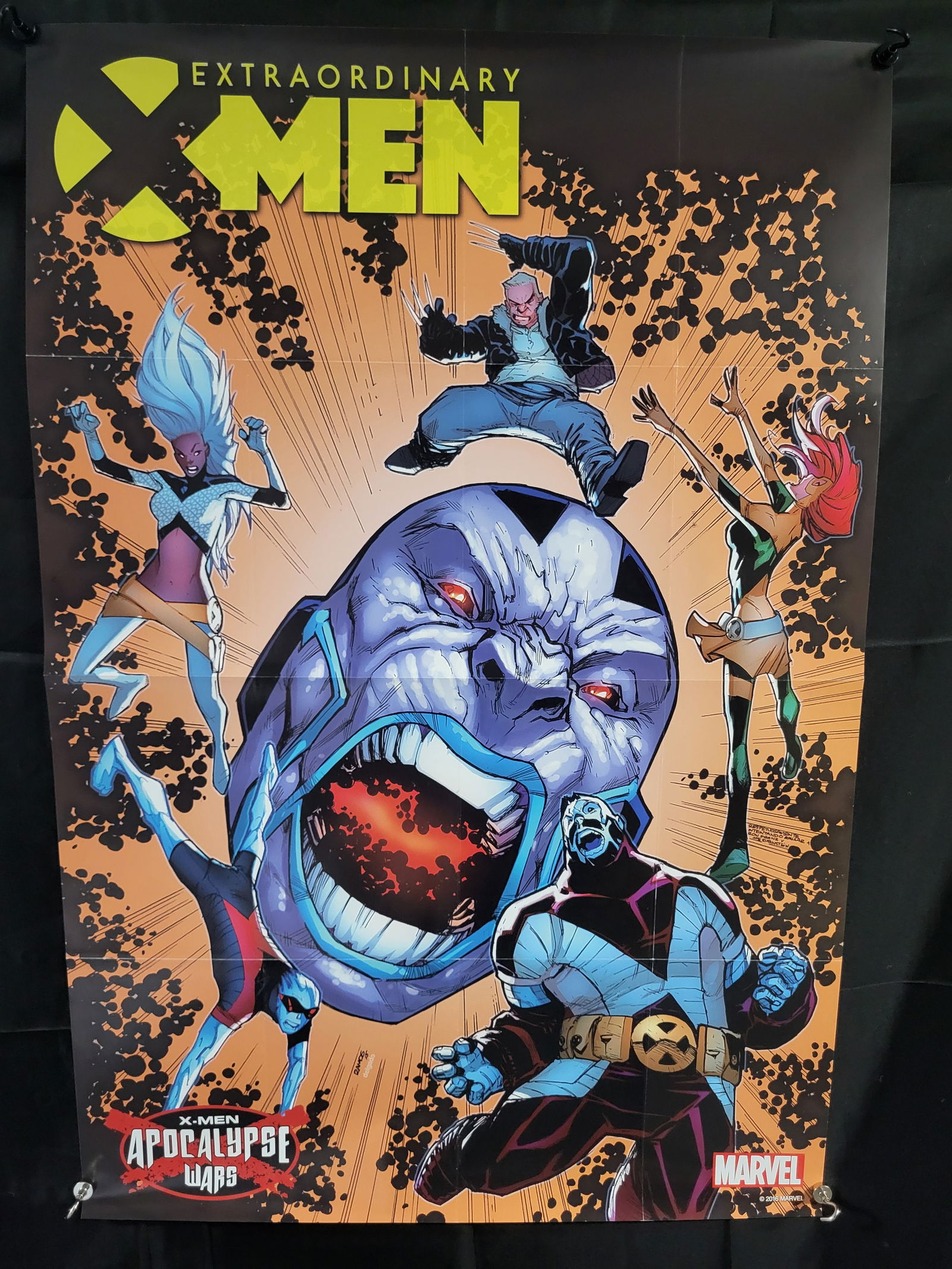 Marvel Comics Extraordinary X-Men Apocalypse Wars 2016 Promotional Poster: BID PER WHAT YOU SEE IN THE PHOTO, NOT THE AI GENERATED TITLES AND DESCRIPTIONS! A Marvel Comics promotional poster advertising the Extraordinary X-Men Apocalypse Wars storyline, dated 2016. The large