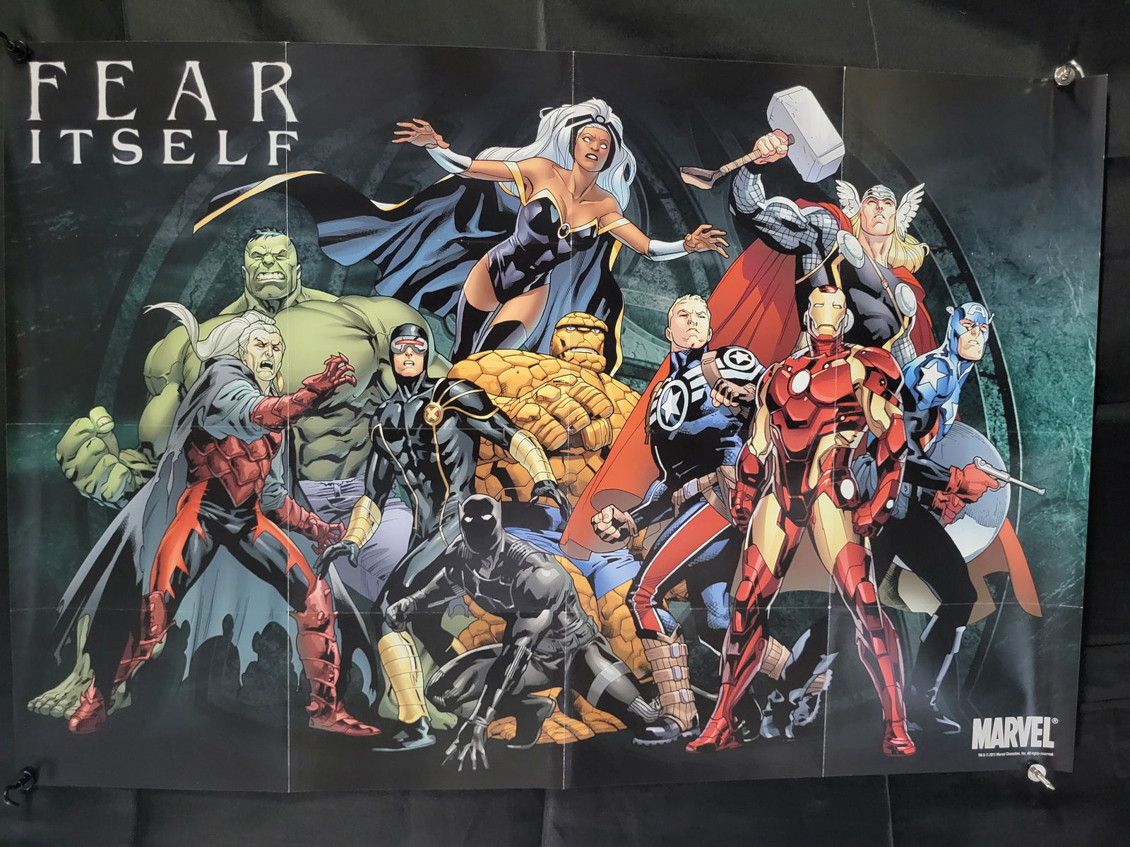 Marvel Comics Fear Itself Promotional Poster by Stuart Immonen, 2011: BID PER WHAT YOU SEE IN THE PHOTO, NOT THE AI GENERATED TITLES AND DESCRIPTIONS! A Marvel Comics promotional poster for the 2011 crossover event Fear Itself, featuring artwork by Stuart Immonen. The c