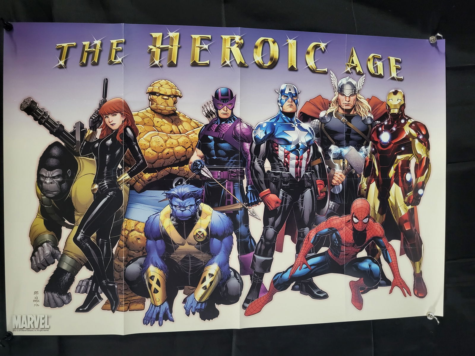 Marvel Comics The Heroic Age Promotional Poster by Jim Cheung, 2010: BID PER WHAT YOU SEE IN THE PHOTO, NOT THE AI GENERATED TITLES AND DESCRIPTIONS! A promotional Marvel Comics poster for the 2010 event titled The Heroic Age, featuring artwork by Jim Cheung. The full-