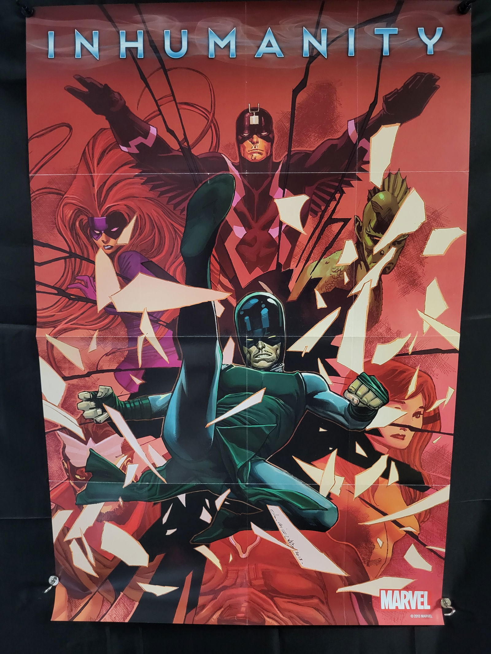 Marvel Inhumans Inhumanity 2013 Promotional Poster: BID PER WHAT YOU SEE IN THE PHOTO, NOT THE AI GENERATED TITLES AND DESCRIPTIONS! A Marvel Comics promotional poster for the 2013 Inhumanity event. The paper poster features stylized artwork depicting
