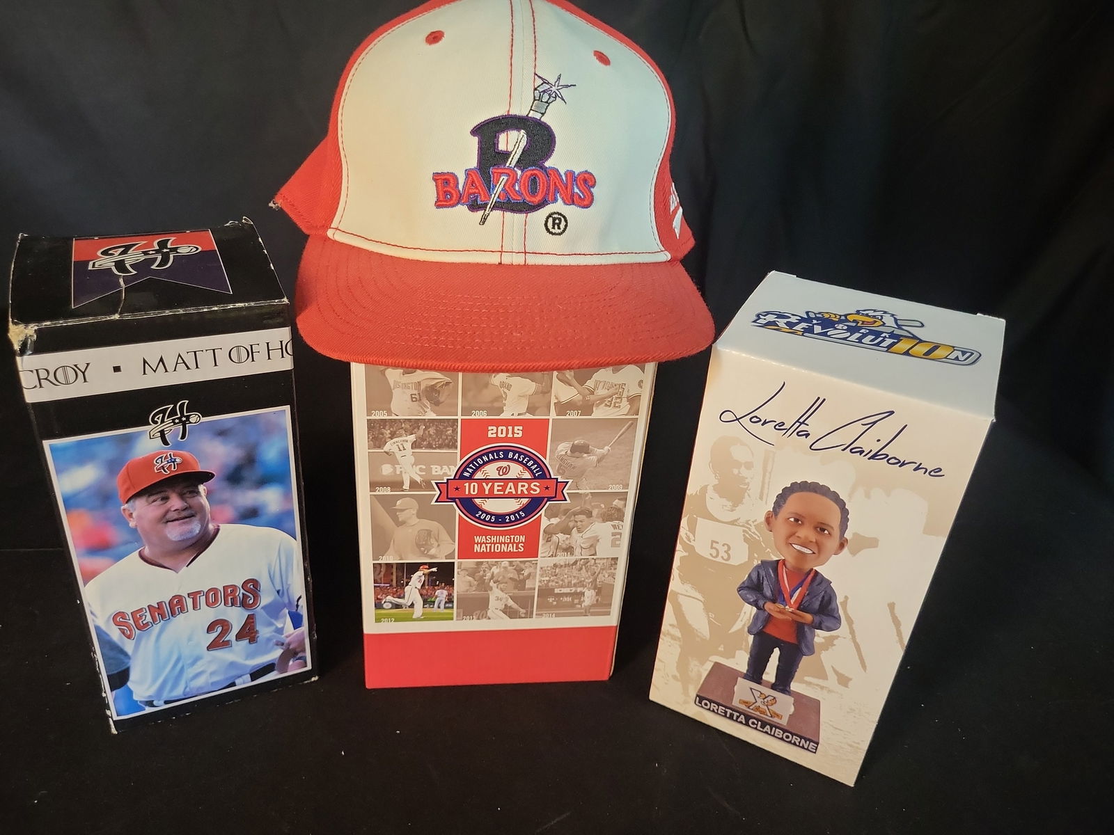 I01178 | Matt LeCroy, Jayson Werth, and Loretta Claiborne Bobbleheads and Barons Cap,: BID PER WHAT YOU SEE IN THE PHOTO, NOT THE AI GENERATED TITLES AND DESCRIPTIONS! Matt LeCroy, Jayson Werth, and Loretta Claiborne Bobbleheads and Barons Cap, UnauthenticatedThis collection contains fo