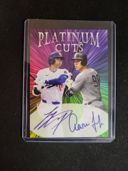 I01206 | c. 2024 Platinum Cuts Custom Art Card Shohei Ohtani and Aaron Judge Dual Facsimile Auto Raw: BID PER WHAT YOU SEE IN THE PHOTO, NOT THE AI GENERATED TITLES AND DESCRIPTIONS! c. 2024 Platinum Cuts Custom Art Card Shohei Ohtani and Aaron Judge Dual Facsimile Auto RawBrand: Platinum Cuts (Unlice