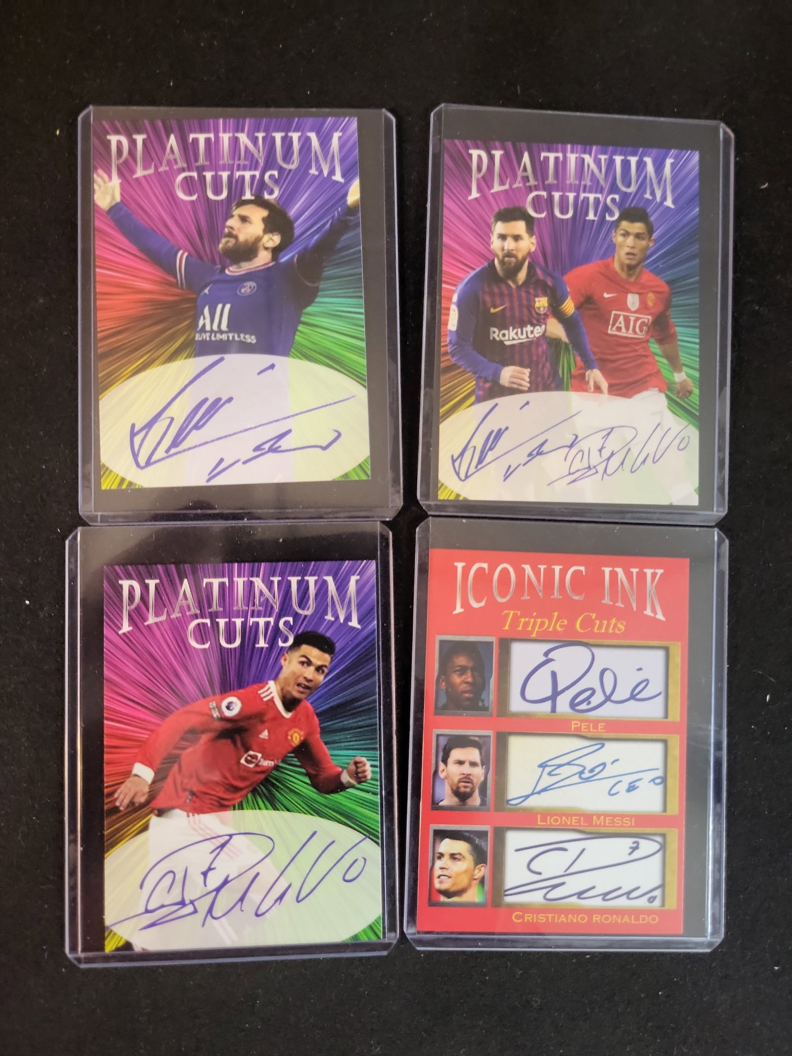 I01200 | Collection of Platinum Cuts and Iconic Ink Soccer Cards featuring Lionel Messi, Cristiano R: BID PER WHAT YOU SEE IN THE PHOTO, NOT THE AI GENERATED TITLES AND DESCRIPTIONS! Collection of Platinum Cuts and Iconic Ink Soccer Cards featuring Lionel Messi, Cristiano Ronaldo, and Pelé, Facsi