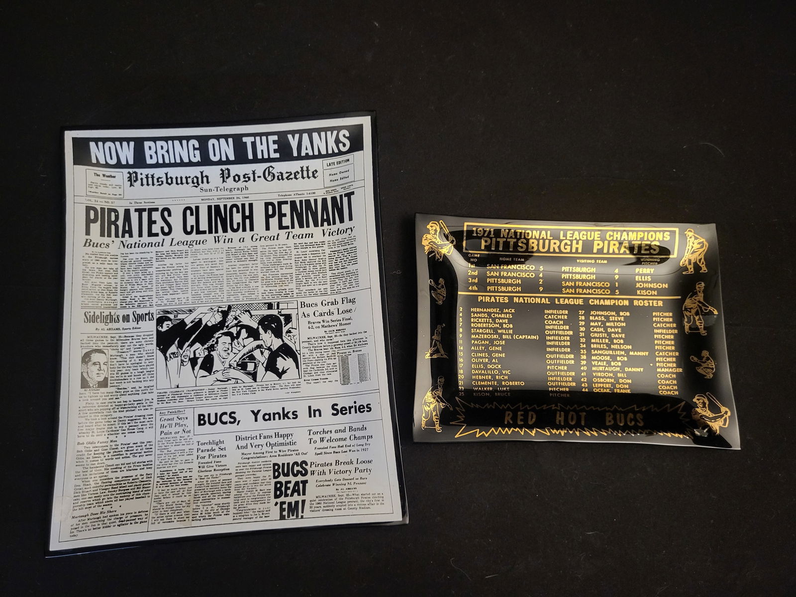 I00585 | A Pair of Pittsburgh Pirates Commemorative Items Including a Framed 1960 Pennant Print and : BID PER WHAT YOU SEE IN THE PHOTO, NOT THE AI GENERATED TITLES AND DESCRIPTIONS! A Pair of Pittsburgh Pirates Commemorative Items Including a Framed 1960 Pennant Print and a 1971 National League Champ