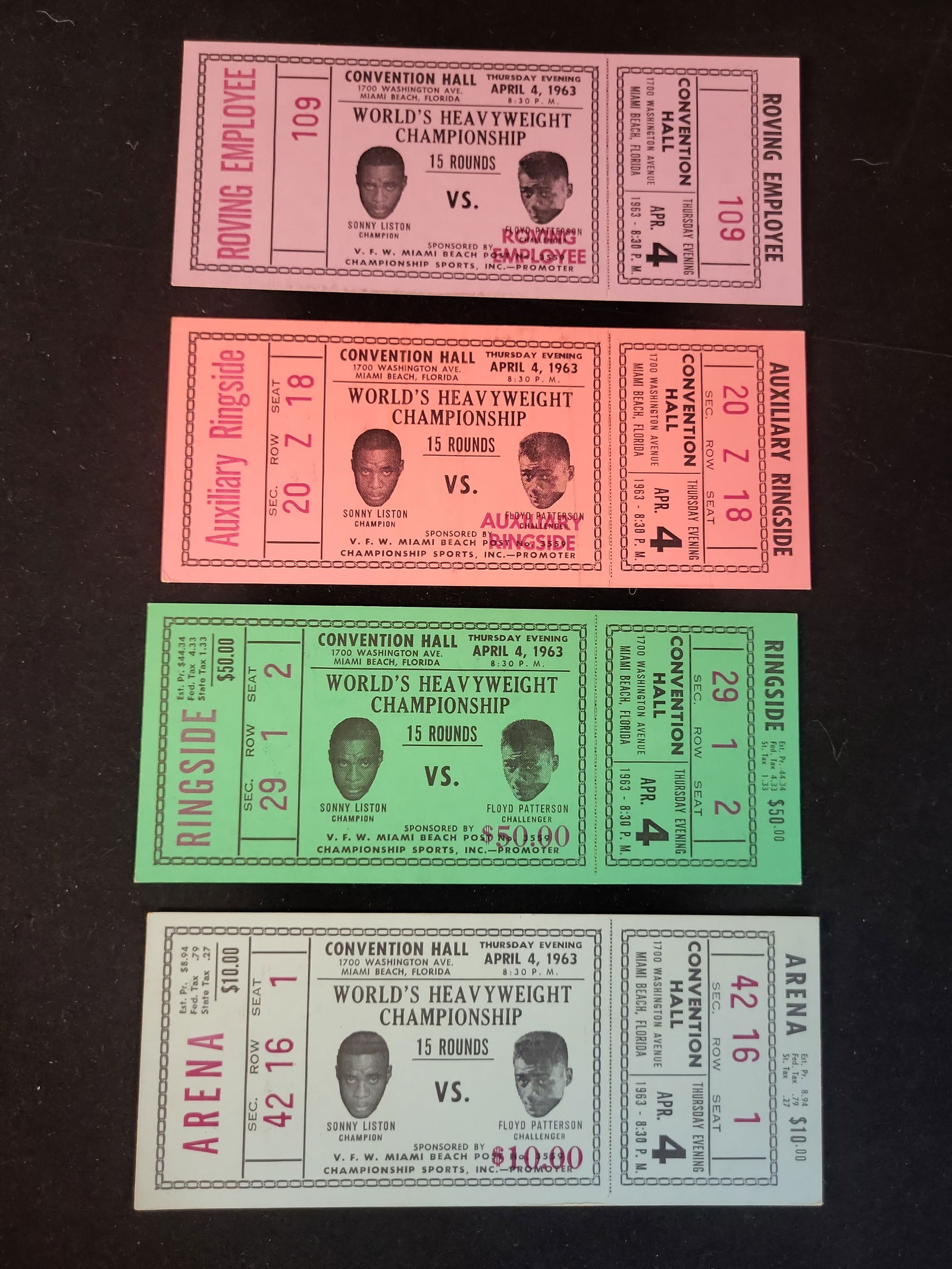 I01091 | Sonny Liston vs. Floyd Patterson II World Heavyweight Championship Collection of Four Full: BID PER WHAT YOU SEE IN THE PHOTO, NOT THE AI GENERATED TITLES AND DESCRIPTIONS! Sonny Liston vs. Floyd Patterson II World Heavyweight Championship Collection of Four Full Phantom Tickets, 1963, RawTh
