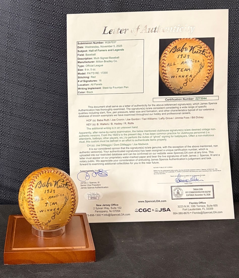 I01252 | Babe Ruth, Ted Williams, and Jimmie Foxx Multi-Signed 1939 All-America Team Baseball, JSA (1 of 12)