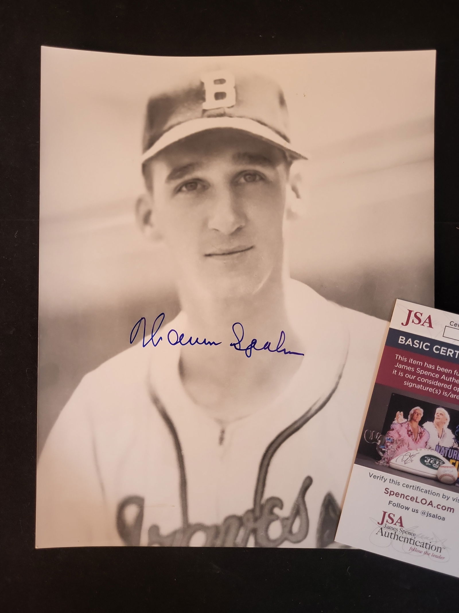 I00965 | Warren Spahn Autographed 8x10 Boston Braves Photograph, JSA Authenticated: BID PER WHAT YOU SEE IN THE PHOTO, NOT THE AI GENERATED TITLES AND DESCRIPTIONS! Warren Spahn Autographed 8x10 Boston Braves Photograph, JSA AuthenticatedThis professional auction lot features a black