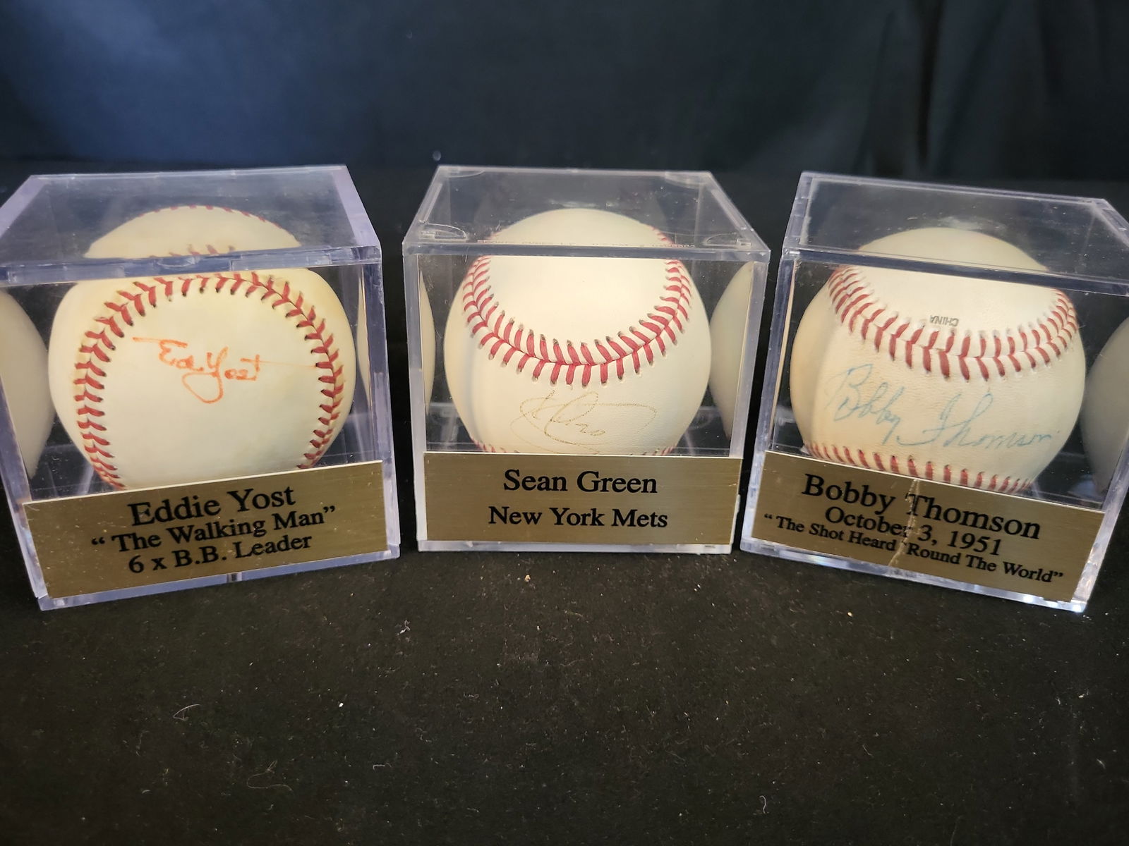 I00942 | Collection of 3 Autographed Baseballs Eddie Yost Sean Green and Bobby Thomson in Display (1 of 8)
