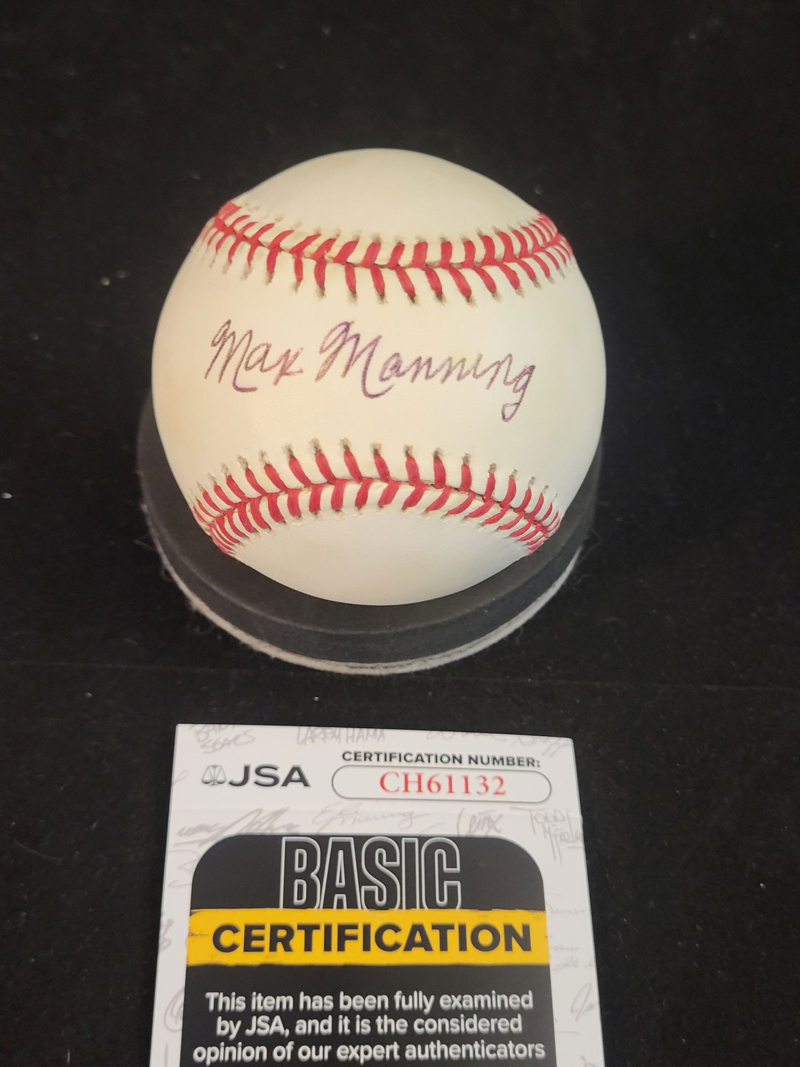 I00805 | Max Manning Single-Signed Negro Leagues Baseball, JSA Authenticated: BID PER WHAT YOU SEE IN THE PHOTO, NOT THE AI GENERATED TITLES AND DESCRIPTIONS! Max Manning Single-Signed Negro Leagues Baseball, JSA Authenticated This lot features an Official National League baseb