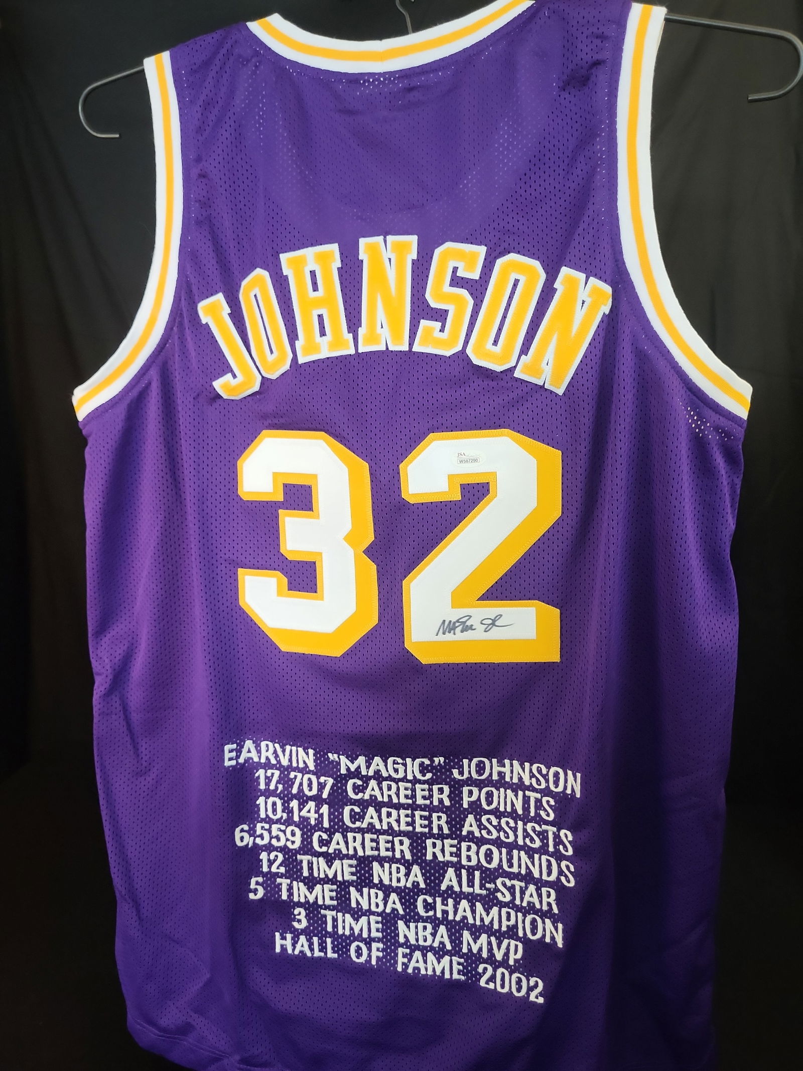 I01006 | Magic Johnson Autographed Los Angeles Lakers Commemorative Jersey, JSA Authenticated (1 of 10)