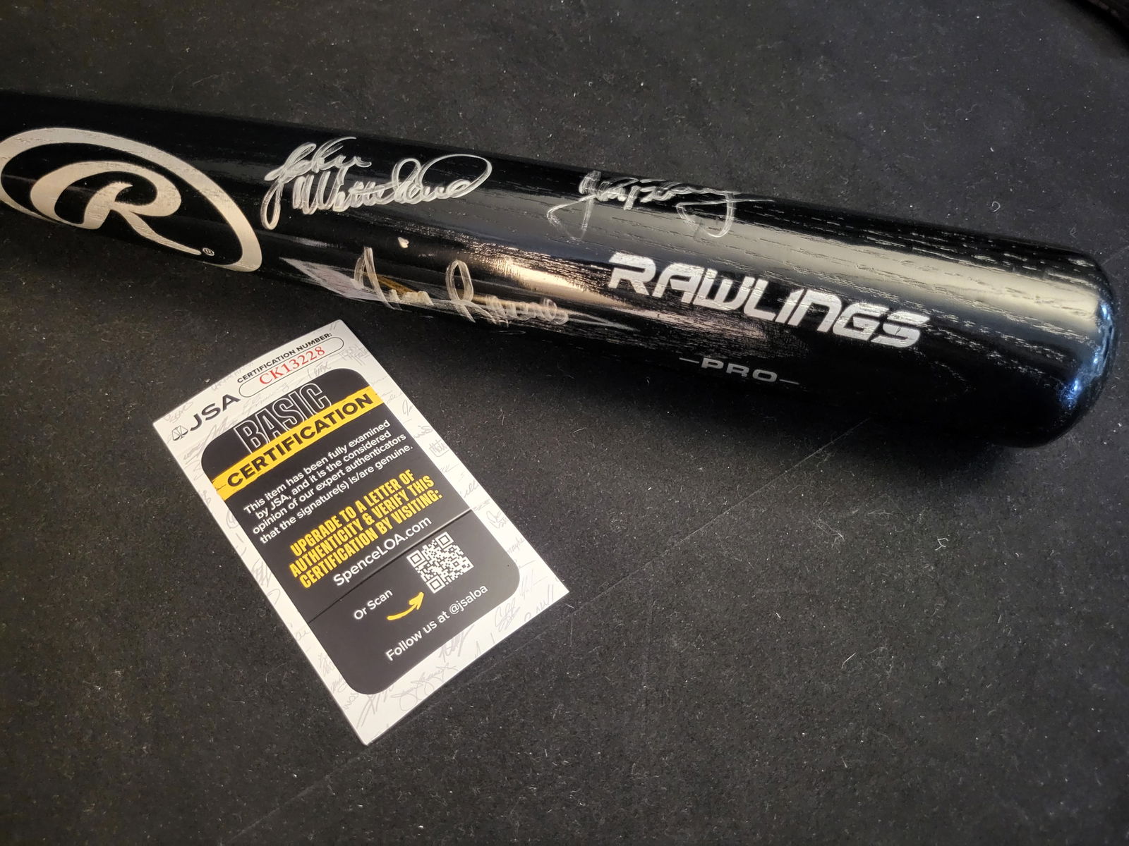 I00673 | Multi-Signed Rawlings Baseball Bat with JSA Authentication, Rickey Henderson, Andre Dawson: BID PER WHAT YOU SEE IN THE PHOTO, NOT THE AI GENERATED TITLES AND DESCRIPTIONS! Multi-Signed Rawlings Baseball Bat with JSA Authentication, Rickey Henderson, Andre Dawson A Rawlings Pro-model basebal