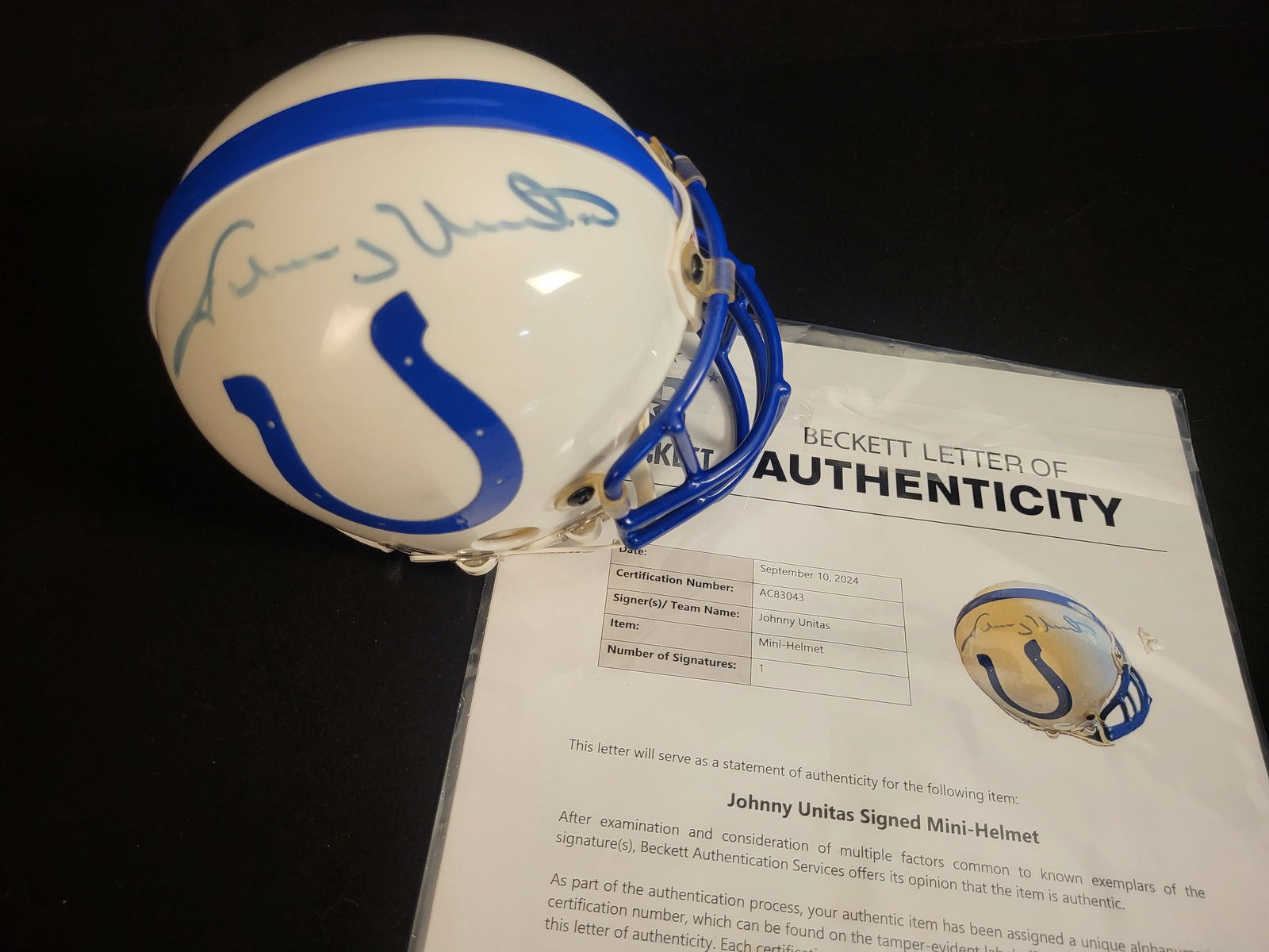 I00569 | Johnny Unitas Autographed Baltimore Colts Riddell Mini Helmet (1 of 12)