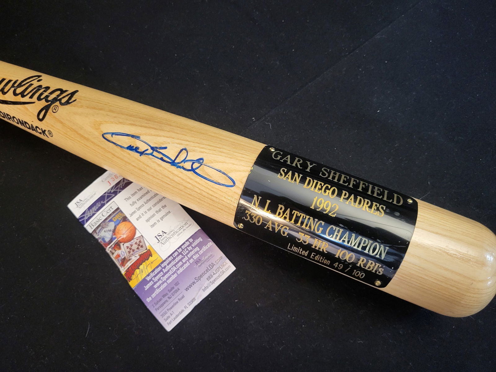 I00597 | Gary Sheffield Signed Rawlings Adirondack 1992 N.L. Batting Champion Commemorative Bat JSA: BID PER WHAT YOU SEE IN THE PHOTO, NOT THE AI GENERATED TITLES AND DESCRIPTIONS! Gary Sheffield Signed Rawlings Adirondack 1992 N.L. Batting Champion Commemorative Bat JSA A limited edition Rawlings A