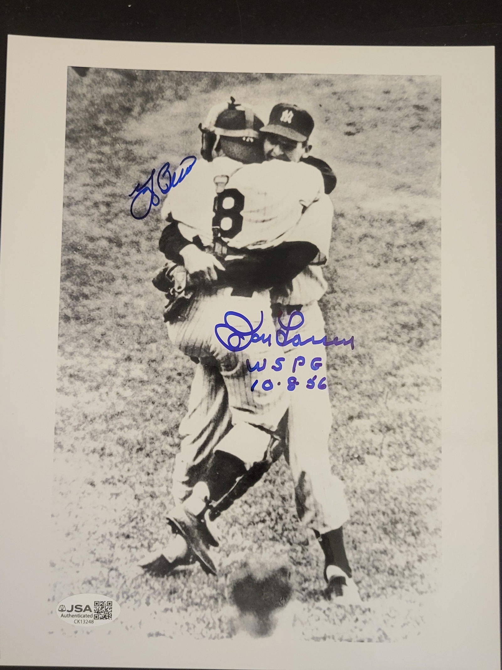 I00754 | Yogi Berra and Don Larsen Dual-Signed 1956 New York Yankees World Series Perfect Game Photo: BID PER WHAT YOU SEE IN THE PHOTO, NOT THE AI GENERATED TITLES AND DESCRIPTIONS! Yogi Berra and Don Larsen Dual-Signed 1956 New York Yankees World Series Perfect Game Photograph A black and white comm