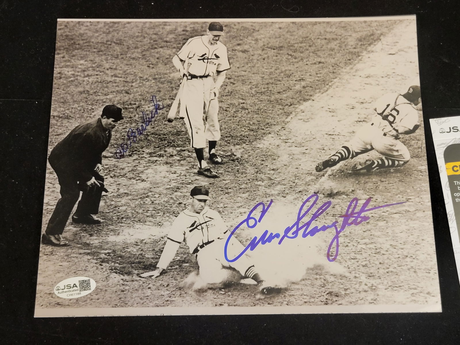 I00709 | Enos Slaughter and Al Barlick Dual-Autographed St. Louis Cardinals Action Photograph with (1 of 12)