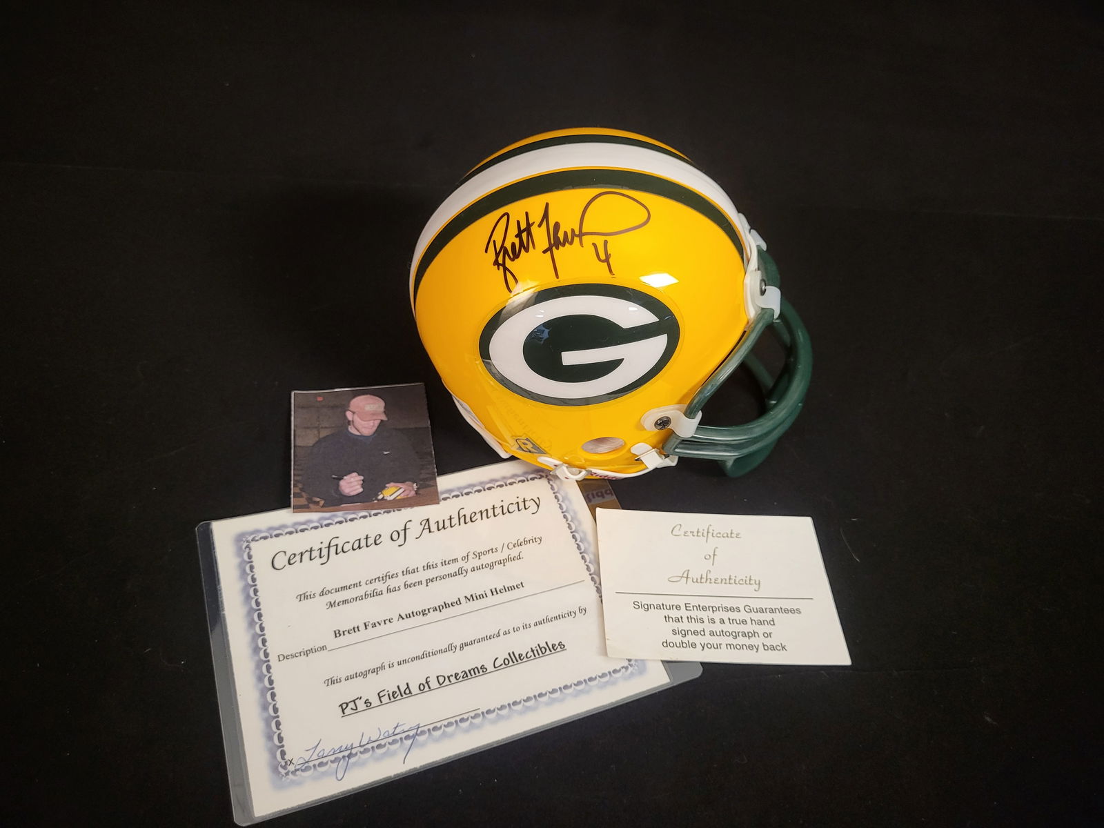 I00572 | Brett Favre Signed Green Bay Packers Mini Football Helmet with Certificates of Authenticity (1 of 15)