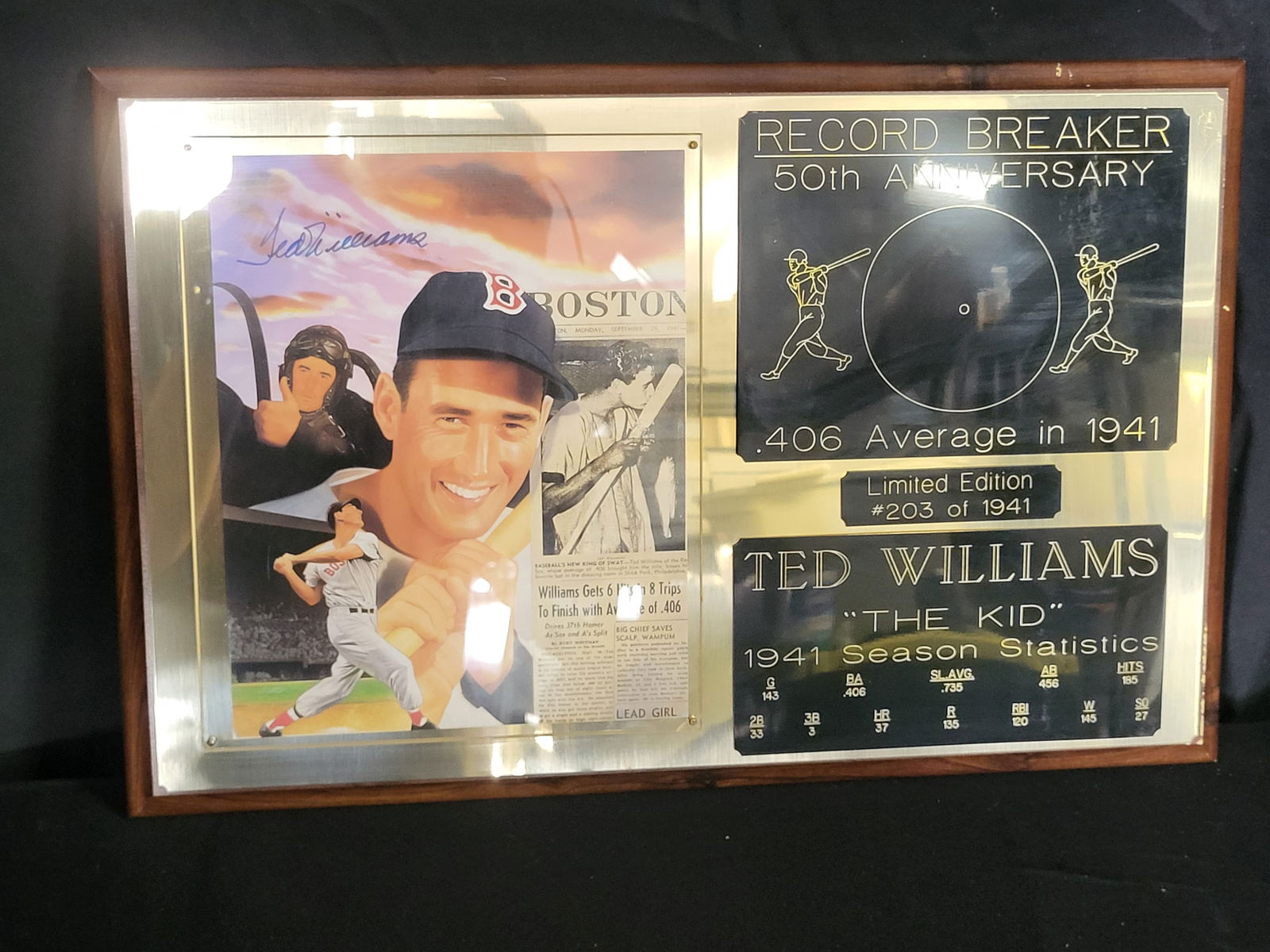 I00642 | Ted Williams Signed Limited Edition 1941 Record Breaker 50th Anniversary Plaque (1 of 15)