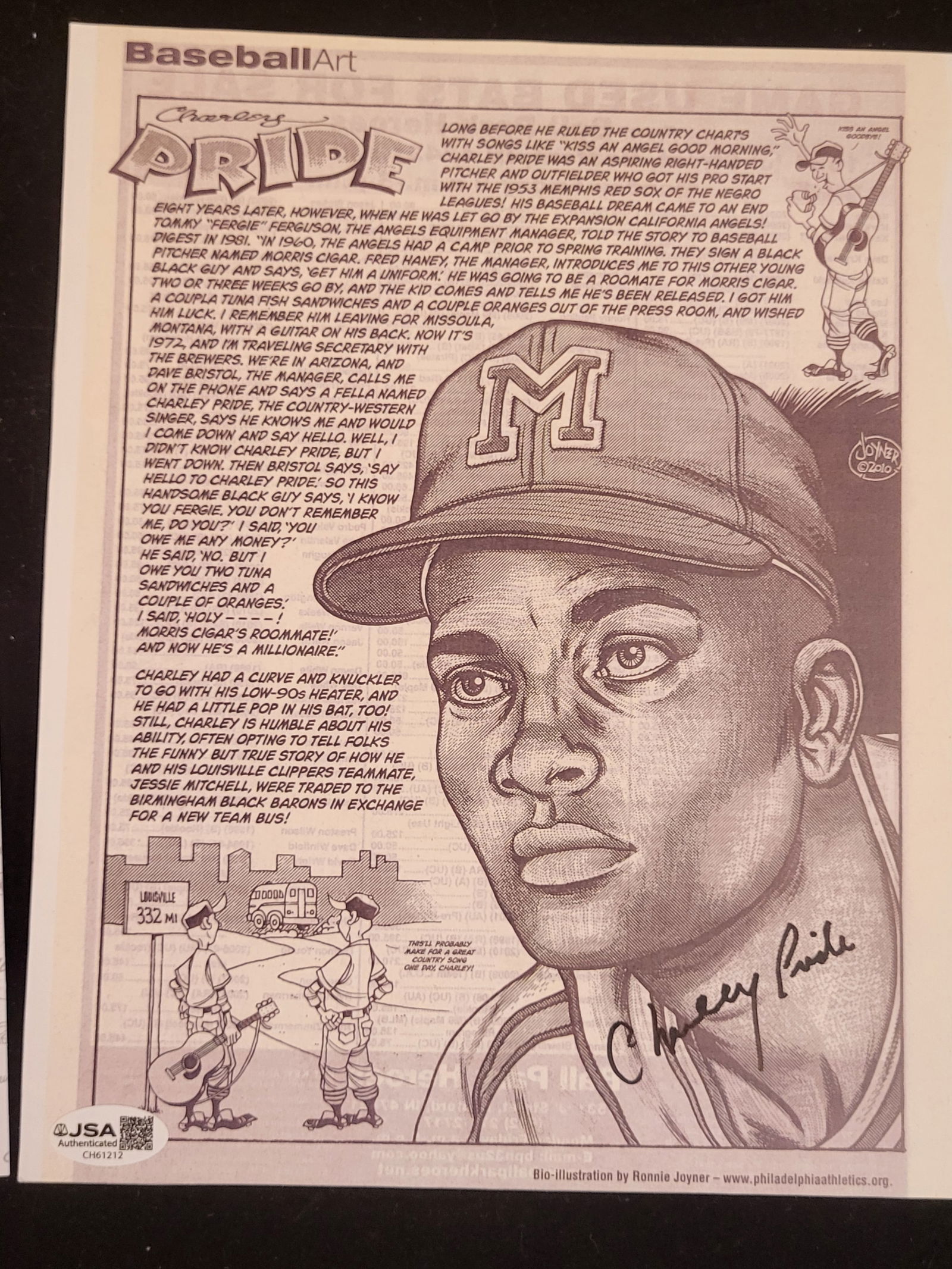 I00755 | Charley Pride Signed BaseballArt Bio-Illustration by Ronnie Joyner with JSA Authentication: BID PER WHAT YOU SEE IN THE PHOTO, NOT THE AI GENERATED TITLES AND DESCRIPTIONS! Charley Pride Signed BaseballArt Bio-Illustration by Ronnie Joyner with JSA Authentication This BaseballArt bio-illustr