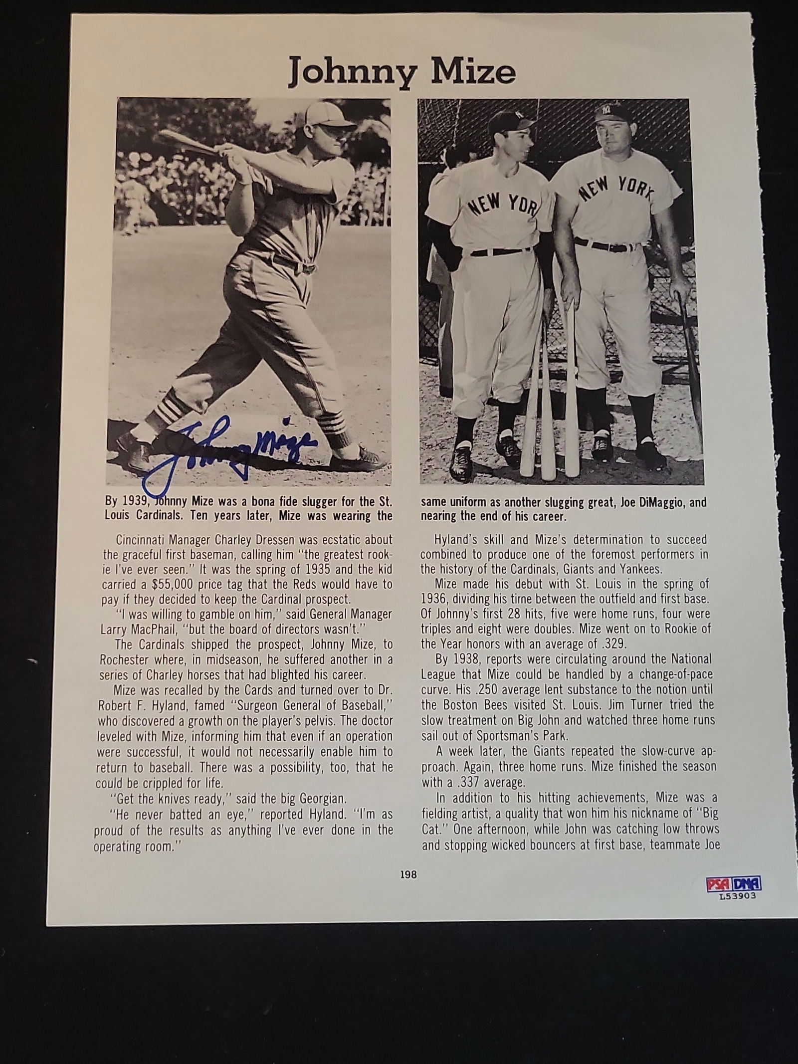 I00958 | Johnny Mize Autographed Printed Biography Page, PSA/DNA Authenticated: BID PER WHAT YOU SEE IN THE PHOTO, NOT THE AI GENERATED TITLES AND DESCRIPTIONS! Johnny Mize Autographed Printed Biography Page, PSA/DNA AuthenticatedThis auction features an autographed printed page