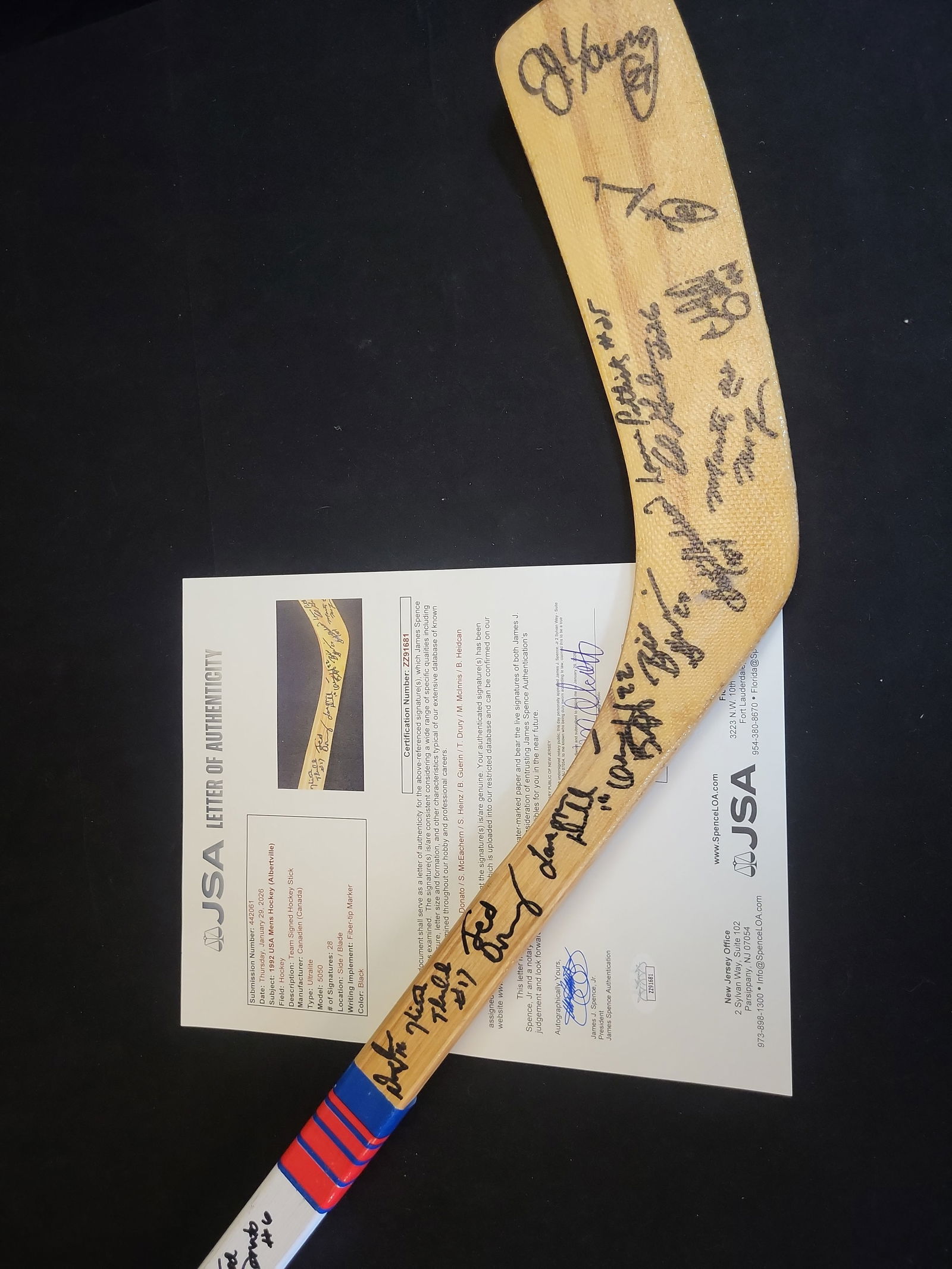 I00886 | 1992 USA Menâ€™s Olympic Hockey Team Multi-Signed Canadien Stick JSA LOA: BID PER WHAT YOU SEE IN THE PHOTO, NOT THE AI GENERATED TITLES AND DESCRIPTIONS! 1992 USA Menâ€™s Olympic Hockey Team Multi-Signed Canadien Stick JSA LOAThis professional-grade Canadien Ultral