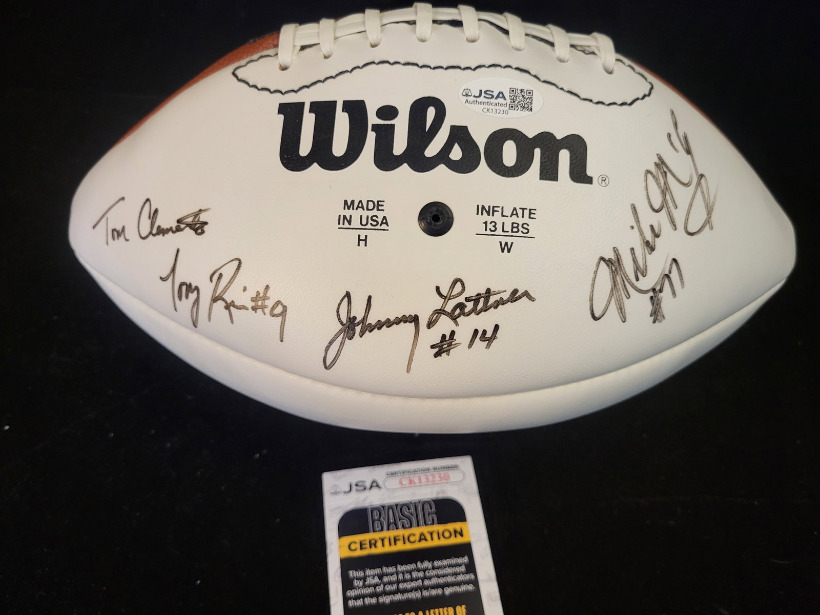 I00809 | Notre Dame Fighting Irish Legends Multi-Signed Football, JSA Authenticated: BID PER WHAT YOU SEE IN THE PHOTO, NOT THE AI GENERATED TITLES AND DESCRIPTIONS! Notre Dame Fighting Irish Legends Multi-Signed Football, JSA Authenticated This professional-grade Wilson brand footbal