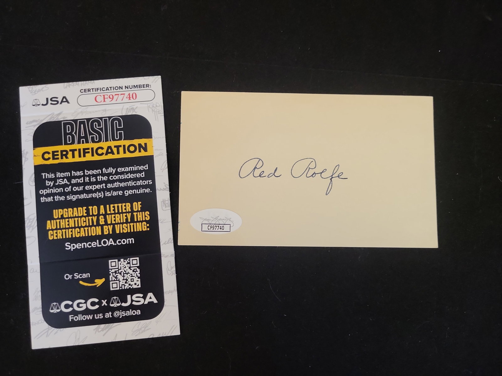 I00820 | Red Rolfe Autographed Index Card with JSA Authentication: BID PER WHAT YOU SEE IN THE PHOTO, NOT THE AI GENERATED TITLES AND DESCRIPTIONS! Red Rolfe Autographed Index Card with JSA Authentication This lot features a cream-colored index card signed by Robert 