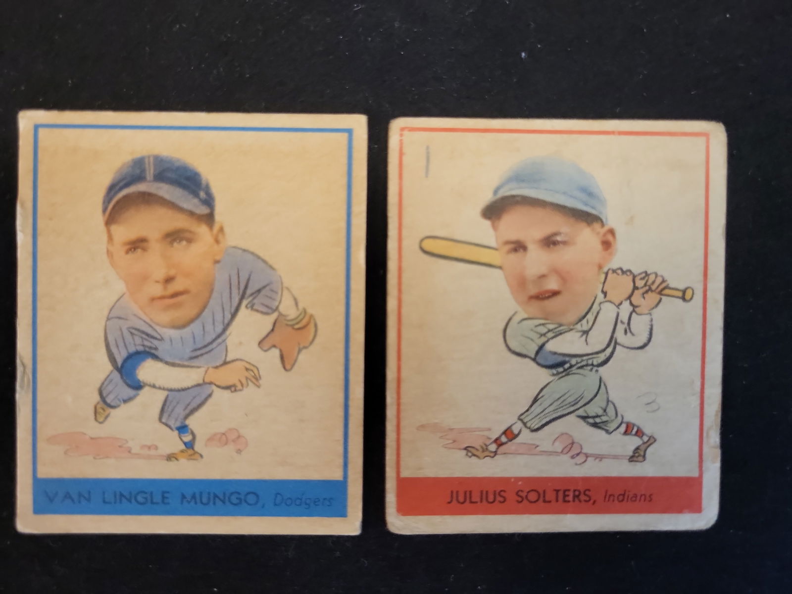 I00912 | Baseball 1938 Goudey Heads Up Van Lingle Mungo #254 and Julius Solters #255 Lot: BID PER WHAT YOU SEE IN THE PHOTO, NOT THE AI GENERATED TITLES AND DESCRIPTIONS! Baseball 1938 Goudey Heads Up Van Lingle Mungo #254 and Julius Solters #255 LotThis lot contains two original vintage b