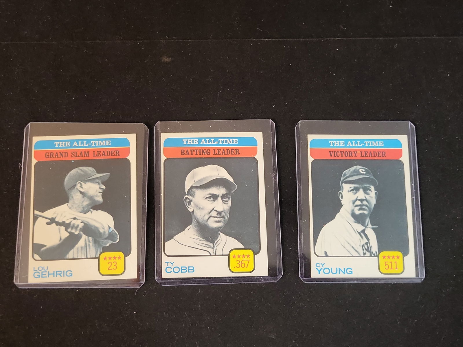 I01040 | 1973 Topps Baseball All-Time Leaders Lot of 3 Lou Gehrig #472 Ty Cobb #475 Cy Young #477: BID PER WHAT YOU SEE IN THE PHOTO, NOT THE AI GENERATED TITLES AND DESCRIPTIONS! 1973 Topps Baseball All-Time Leaders Lot of 3 Lou Gehrig #472 Ty Cobb #475 Cy Young #477This lot features a collection