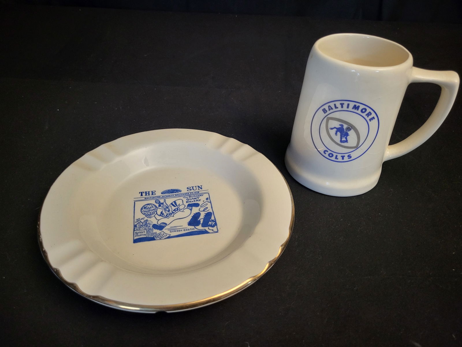 I00584 | A Pair of Baltimore Colts 1958 NFL Championship Commemorative Ceramic Items: BID PER WHAT YOU SEE IN THE PHOTO, NOT THE AI GENERATED TITLES AND DESCRIPTIONS! A Pair of Baltimore Colts 1958 NFL Championship Commemorative Ceramic Items This pair of commemorative ceramic items in
