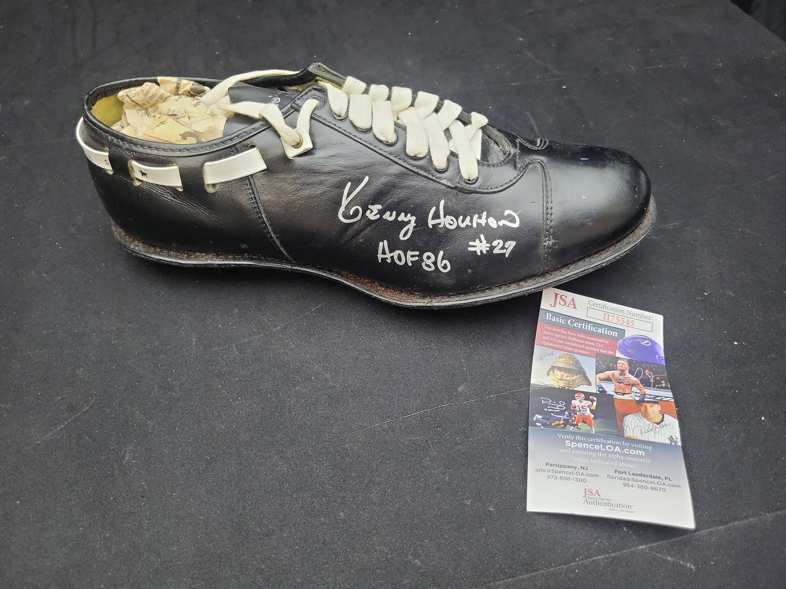 I01744 | Ken Houston Autographed Game-Used Riddell Football Cleat JSA Authentication: BID PER WHAT YOU SEE IN THE PHOTO, NOT THE AI GENERATED TITLES AND DESCRIPTIONS! Ken Houston Autographed Game-Used Riddell Football Cleat JSA Authentication This is a single, vintage game-used footbal
