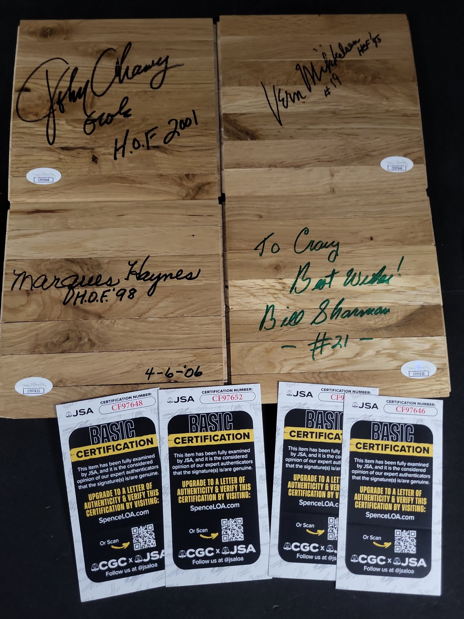I01962 | A Collection of Four Autographed Basketball Court Flooring Sections Featuring Hall of Fame: BID PER WHAT YOU SEE IN THE PHOTO, NOT THE AI GENERATED TITLES AND DESCRIPTIONS! A Collection of Four Autographed Basketball Court Flooring Sections Featuring Hall of Fame Players and Coaches with JSA