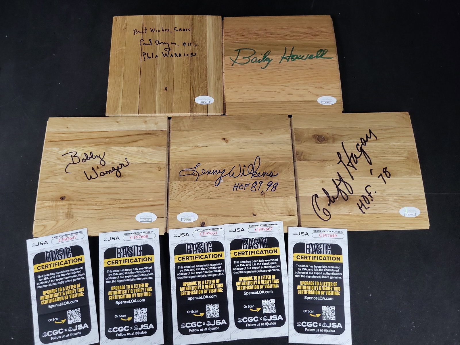 I01963 | Five JSA Authenticated Hall of Fame Autographed 6x6 Basketball Court Floorboards (1 of 7)