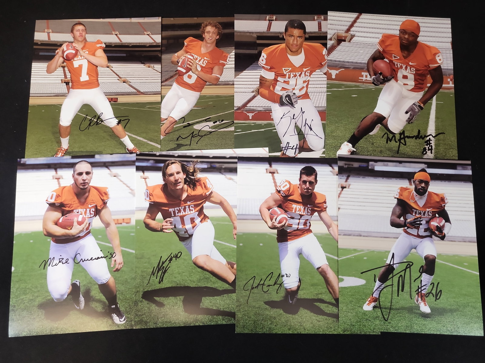 I01453 | Eight Hand-Signed University of Texas Longhorns Football Player Photographs: BID PER WHAT YOU SEE IN THE PHOTO, NOT THE AI GENERATED TITLES AND DESCRIPTIONS! Eight Hand-Signed University of Texas Longhorns Football Player Photographs This lot features eight individual glossy c