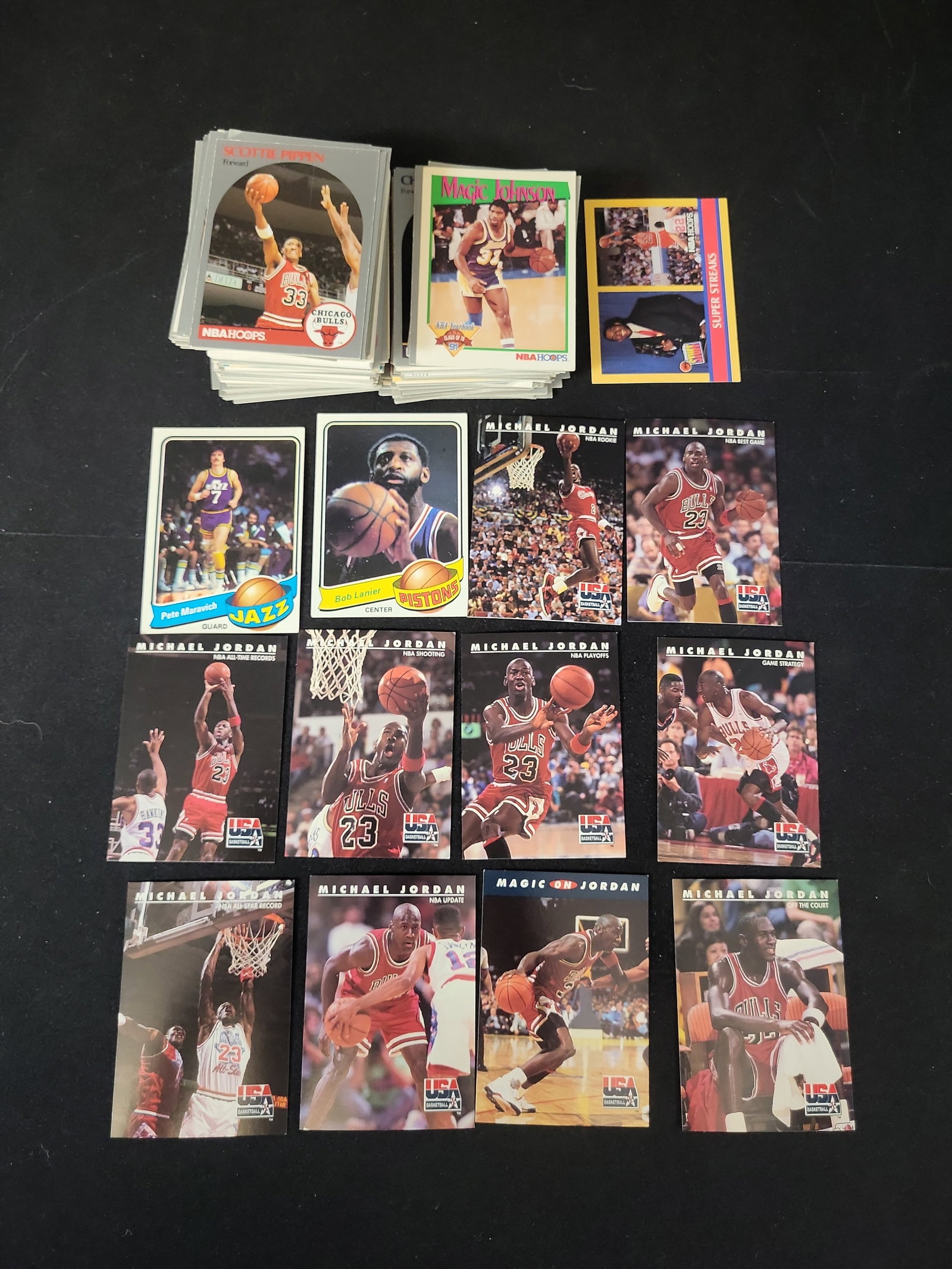 I01295 | A Collection of Approximately 100 Basketball Trading Cards Including Michael Jordan USA: BID PER WHAT YOU SEE IN THE PHOTO, NOT THE AI GENERATED TITLES AND DESCRIPTIONS! A Collection of Approximately 100 Basketball Trading Cards Including Michael Jordan USA Basketball Subset and 1978-79 T