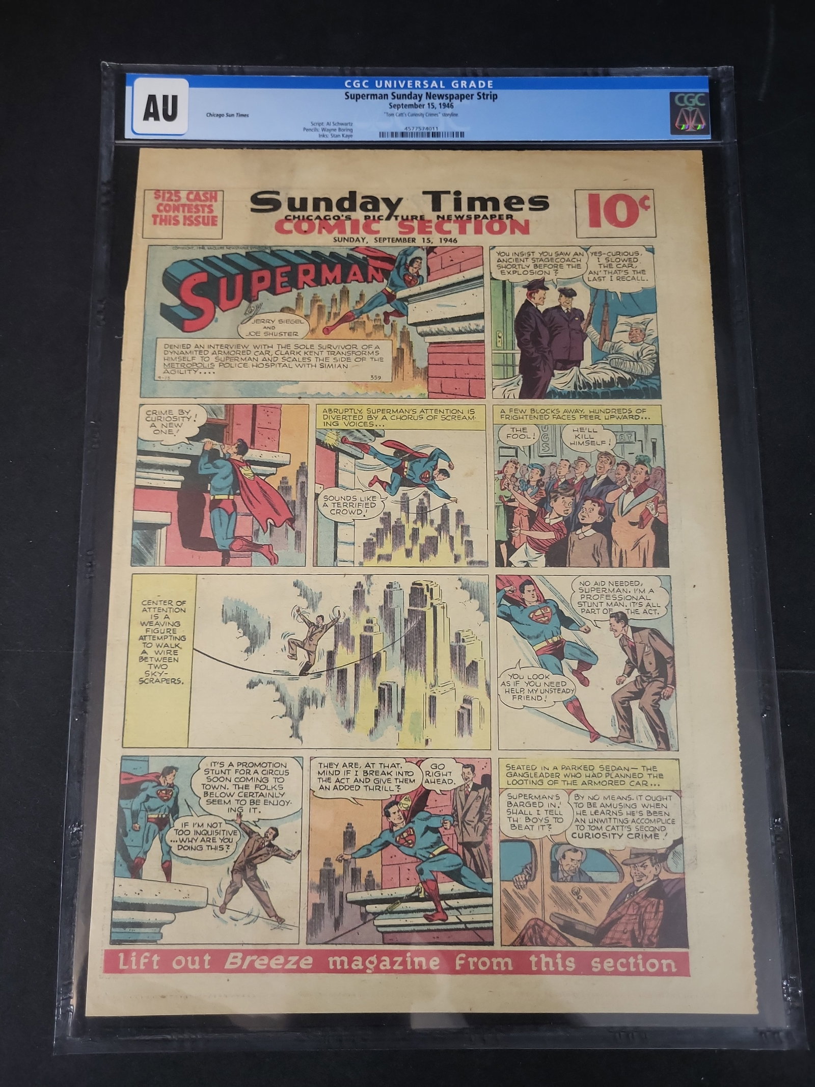 I02509 | Superman Sunday Newspaper Strip (Chicago Sunday Times, September 15, 1946) - CGC AU (1 of 5)