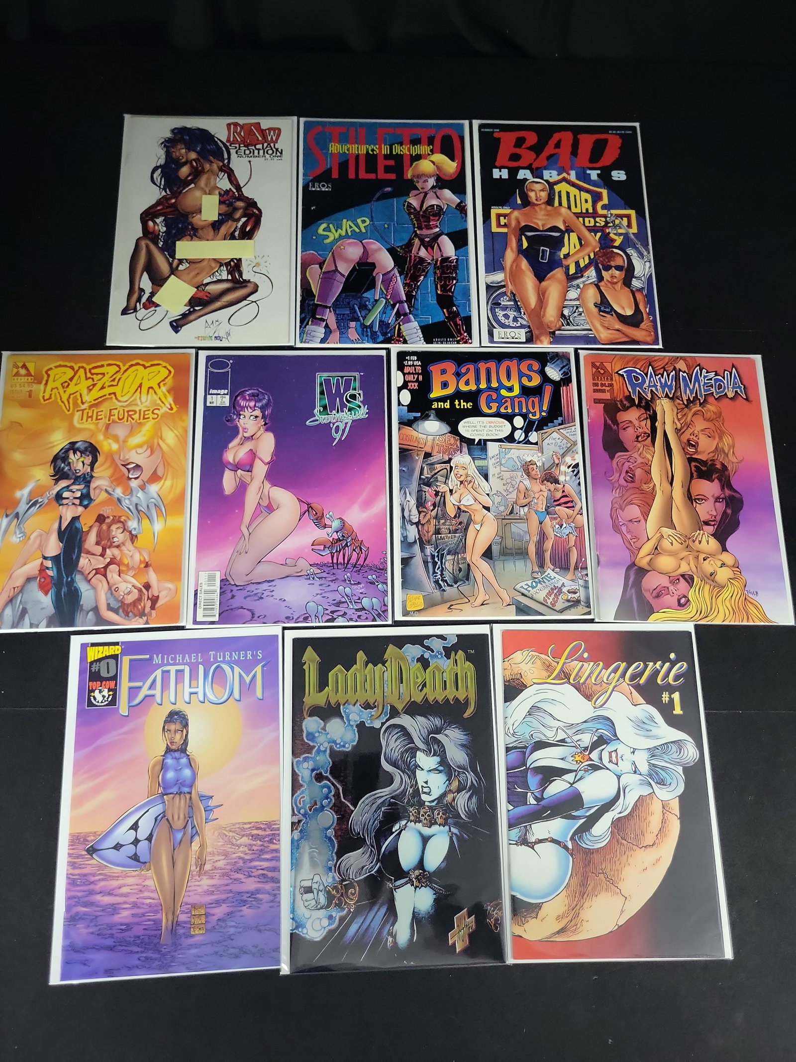 I02130 | A Collection of Ten Modern Age Bad Girl and Mature Themed Comic Books: BID PER WHAT YOU SEE IN THE PHOTO, NOT THE AI GENERATED TITLES AND DESCRIPTIONS! A Collection of Ten Modern Age Bad Girl and Mature Themed Comic Books This collection consists of ten raw, ungraded mod