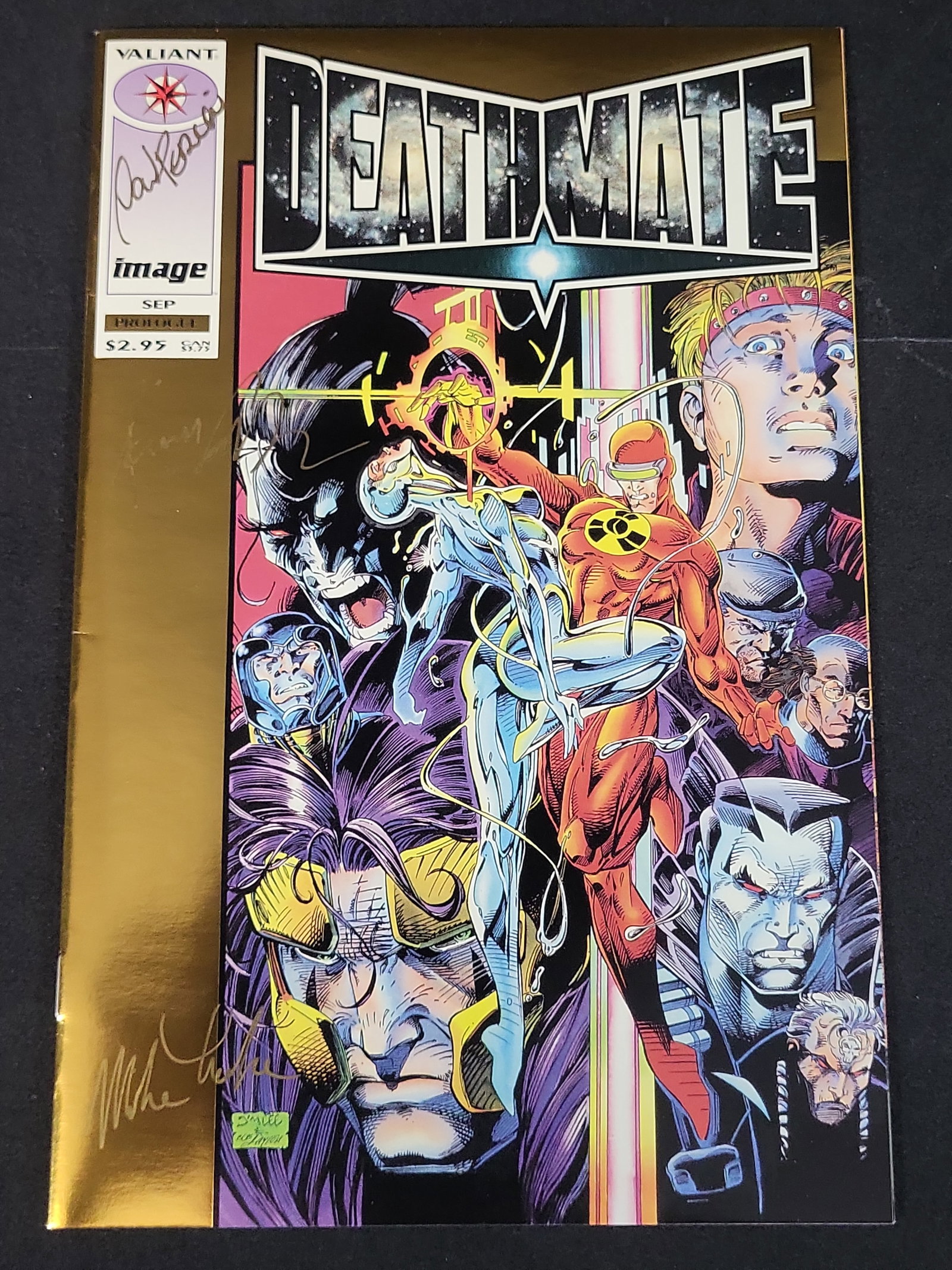 I02450 | Valiant and Image Comics Deathmate Prologue Gold Foil Edition Signed by Multiple Artists: BID PER WHAT YOU SEE IN THE PHOTO, NOT THE AI GENERATED TITLES AND DESCRIPTIONS! Valiant and Image Comics Deathmate Prologue Gold Foil Edition Signed by Multiple Artists This is a copy of Deathmate Pr