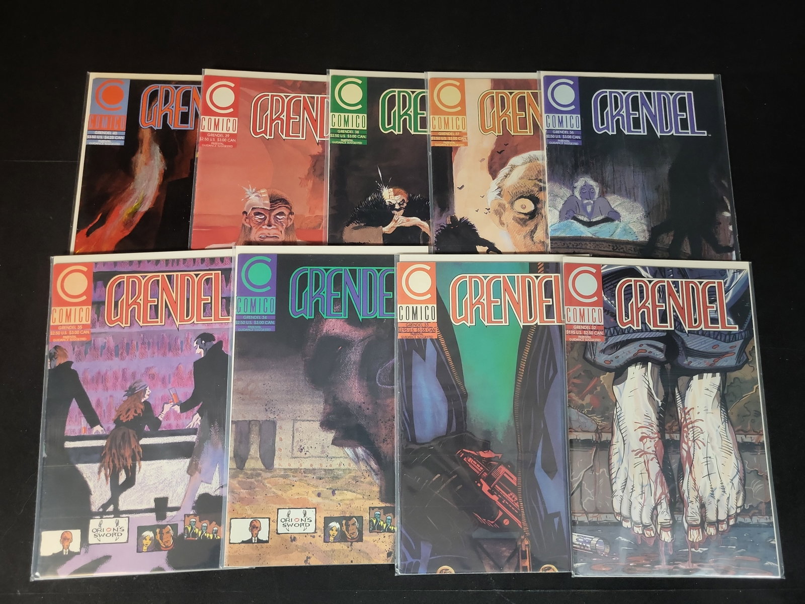 I02367 | A Collection of Grendel Comic Books Issues 32-40 Published by Comico: BID PER WHAT YOU SEE IN THE PHOTO, NOT THE AI GENERATED TITLES AND DESCRIPTIONS! A Collection of Grendel Comic Books Issues 32-40 Published by Comico This collection consists of nine individual issues