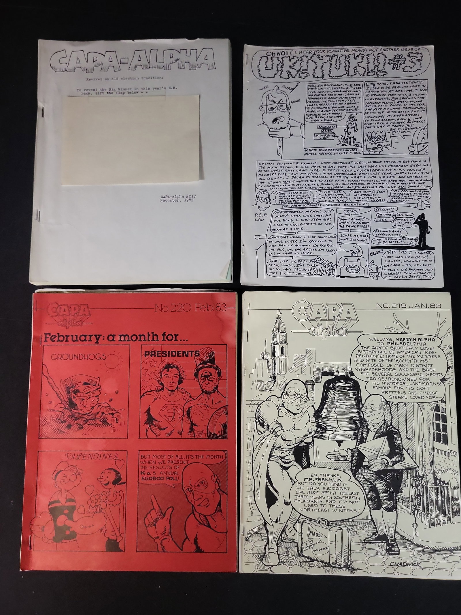 I02299 | CAPA-alpha. CAPA-alpha APA Mailings, Issues 217, 219, and 220. CAPA-alpha, 1982-1983.: BID PER WHAT YOU SEE IN THE PHOTO, NOT THE AI GENERATED TITLES AND DESCRIPTIONS! CAPA-alpha. CAPA-alpha APA Mailings, Issues 217, 219, and 220. CAPA-alpha, 1982-1983. This collection comprises a group