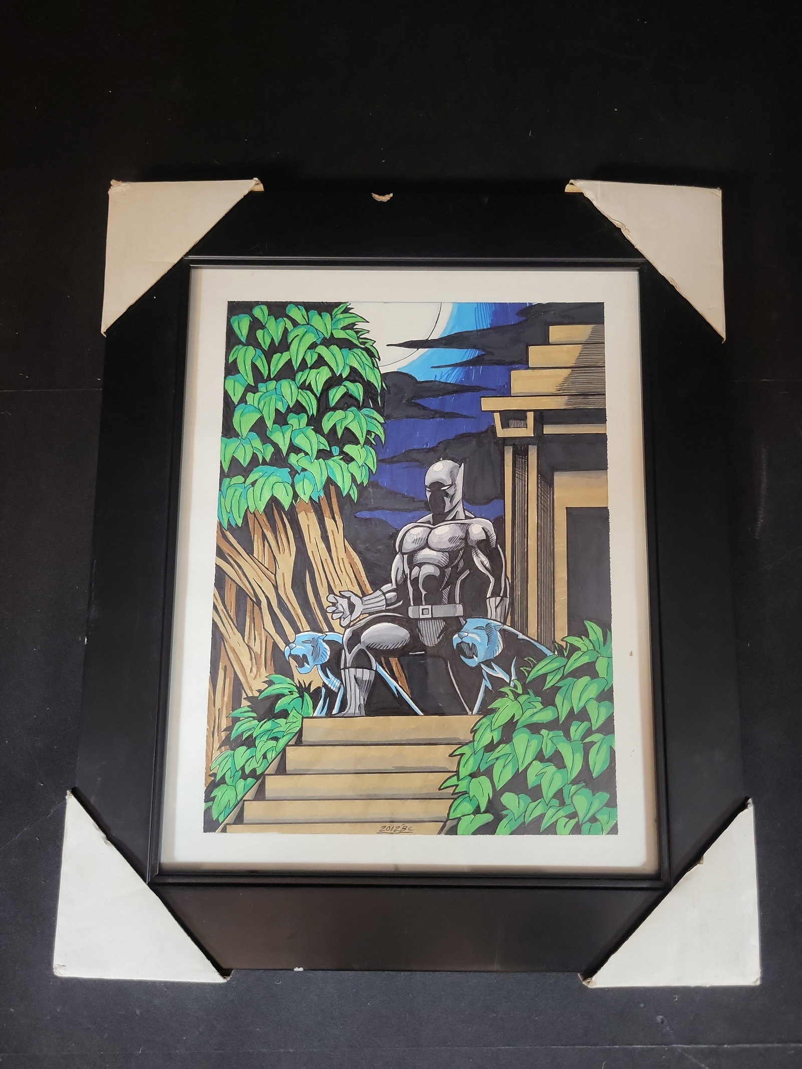 I02897 | Signed '2012BC', Black Panther, Marker and Ink on Paper: BID PER WHAT YOU SEE IN THE PHOTO, NOT THE AI GENERATED TITLES AND DESCRIPTIONS! Signed '2012BC', Black Panther, Marker and Ink on Paper This contemporary comic-style illustration, executed in marker 