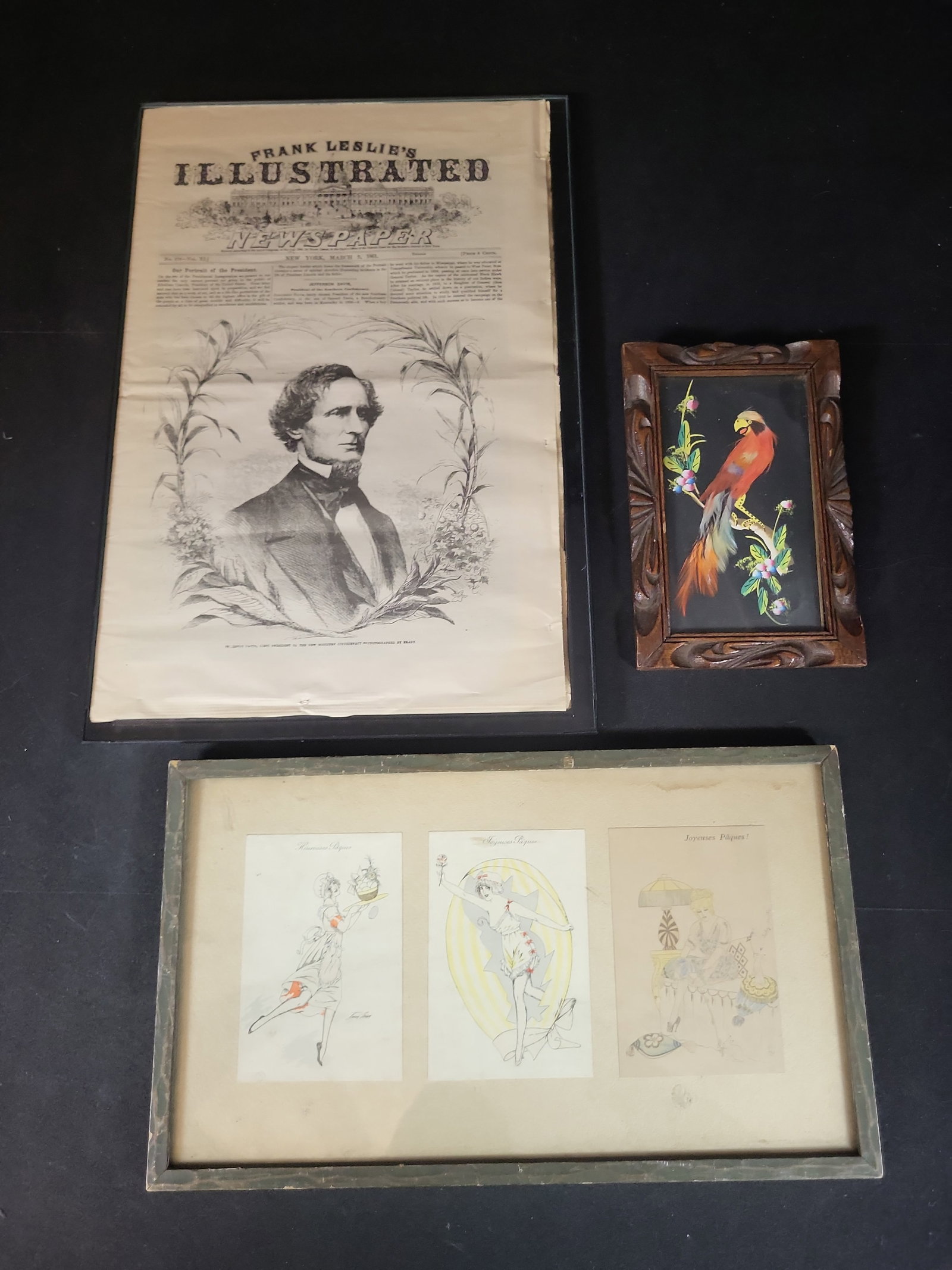 I02945 | A Trio of Framed Decorative and Historical Works Including Feather Art, Art Deco (1 of 11)