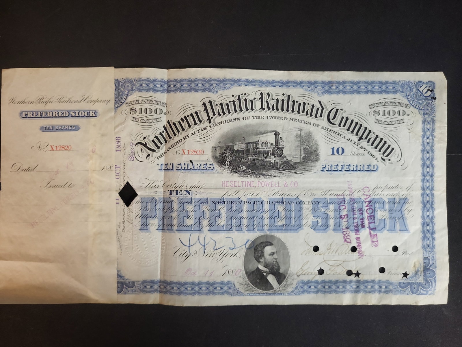 I02769 | Northern Pacific Railroad Company 1886 Preferred Stock Certificate Ten Shares (1 of 9)