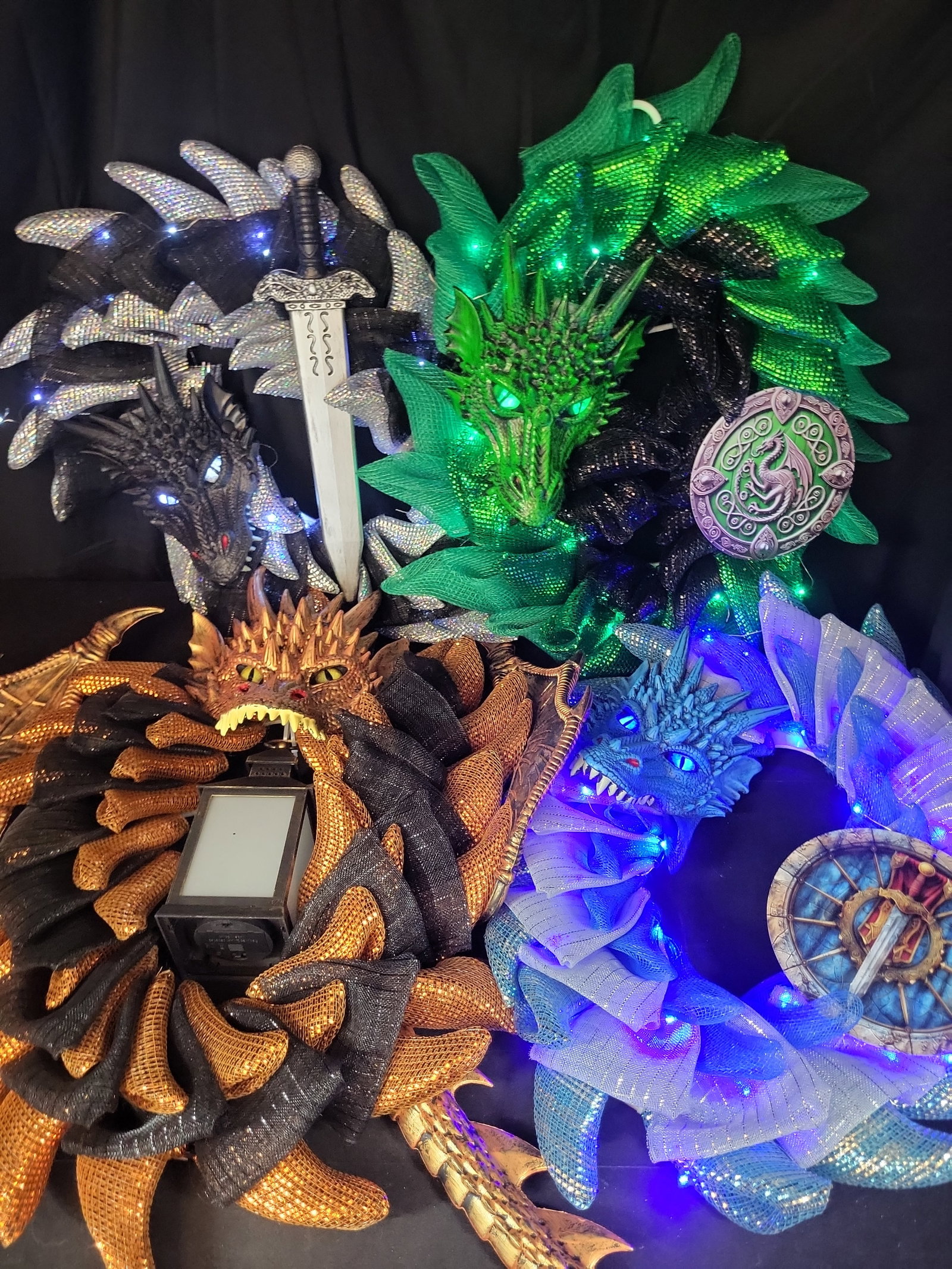 I02834 | A Collection of Four Custom-Crafted Decorative Lighted Fantasy Dragon Wreaths (1 of 9)