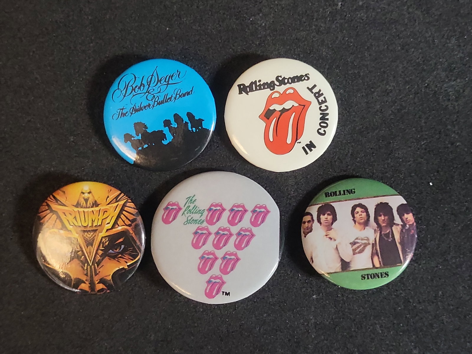 I02759 | A Lot of Five Vintage Rock Music Pin-Back Buttons Featuring The Rolling Stones, Bob Seger, (1 of 3)