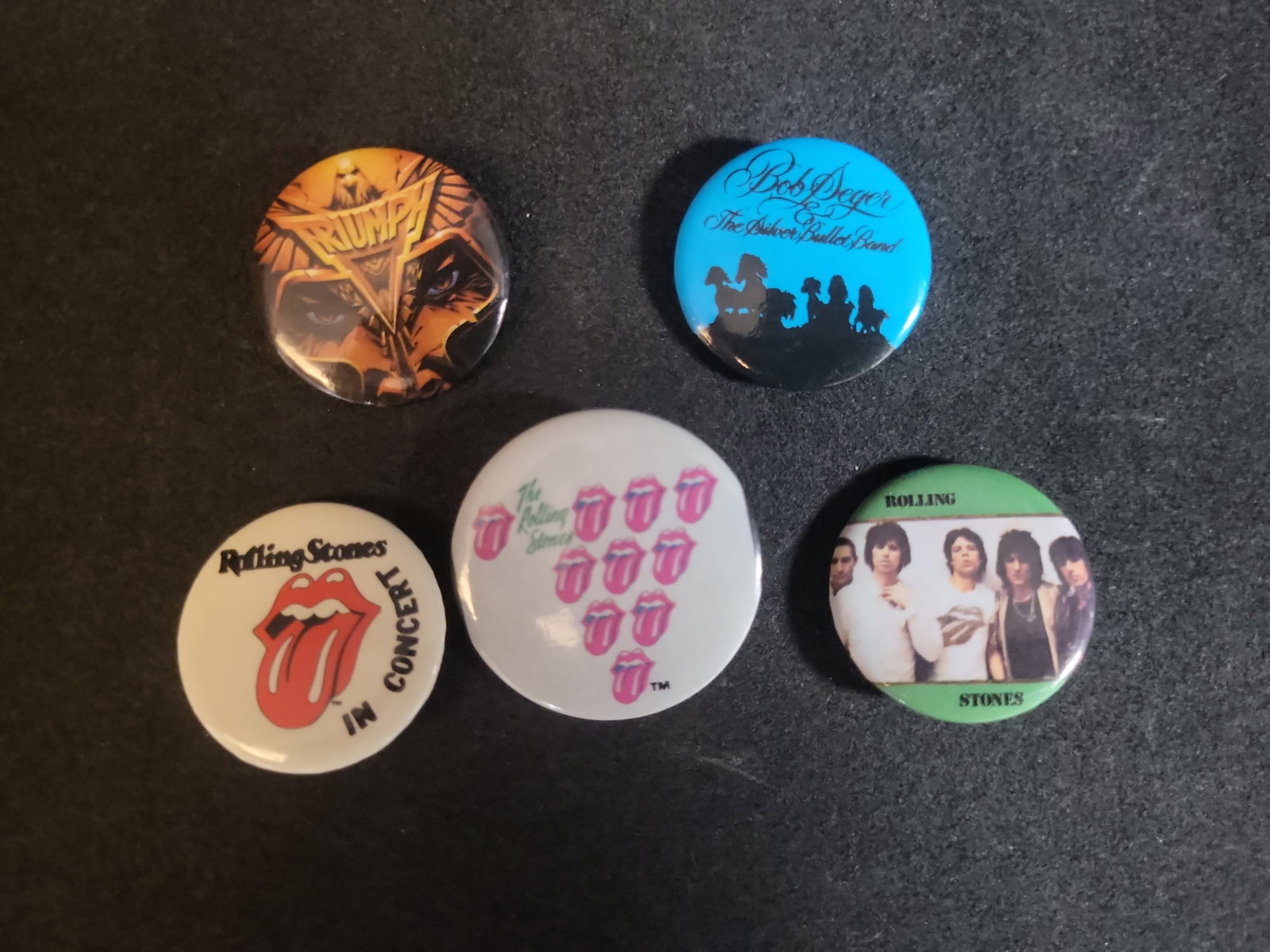 I02762 | An Assortment of Vintage Rock and Roll Pinback Buttons featuring The Rolling Stones, Bob (1 of 5)