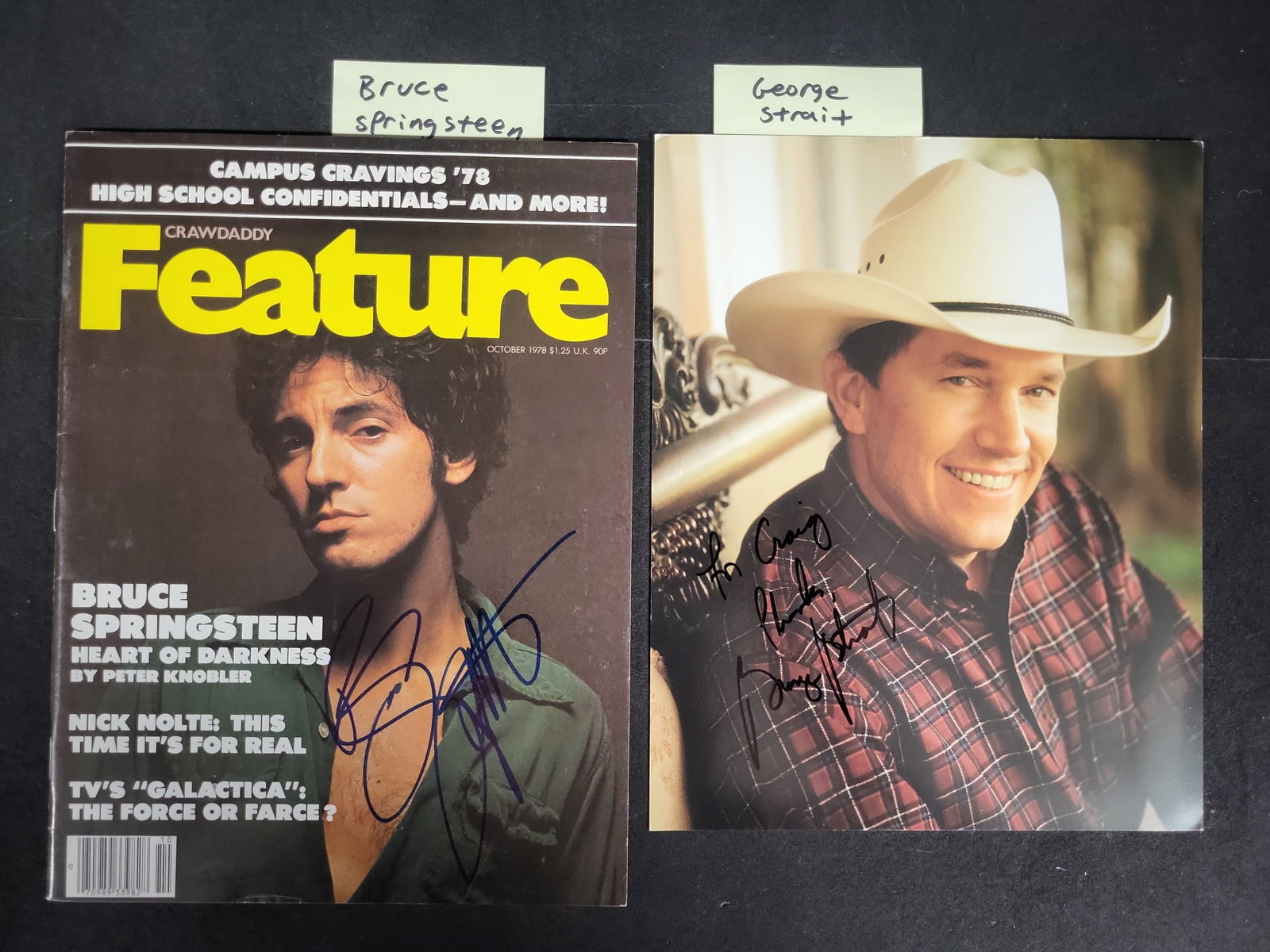 I03441 | Two Autographed Music Items Featuring Bruce Springsteen and George Strait: BID PER WHAT YOU SEE IN THE PHOTO, NOT THE AI GENERATED TITLES AND DESCRIPTIONS! This lot consists of two autographed items from prominent American musicians. The first item is a copy of Crawdaddy Fea